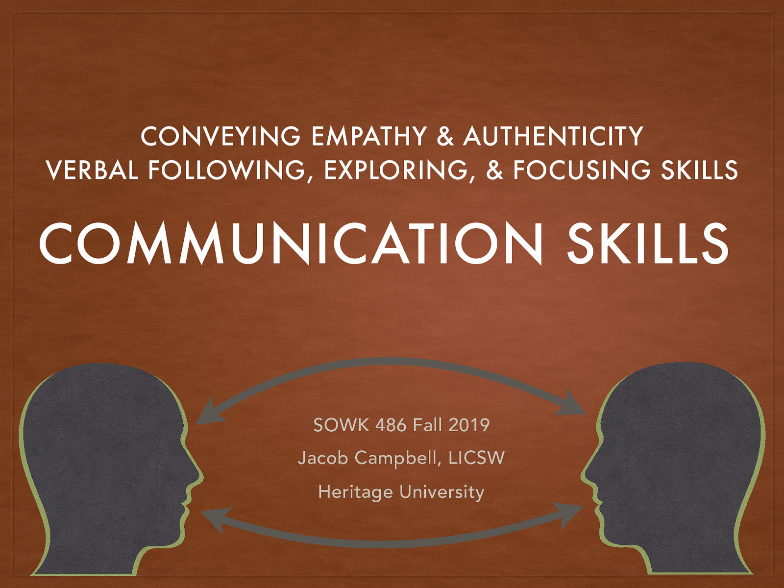 Location: CBC Campus - SWL 206 Time: Wednesday from 5:30-8:15 Week 05: 09/16/19 — 09/22/19 Reading Assignment: Hepworth et al. (2016) Chapters 5 & 6 Topic and Content Area: Communication Skills Assignments Due: Reading Quiz Other Important Information: N/A
