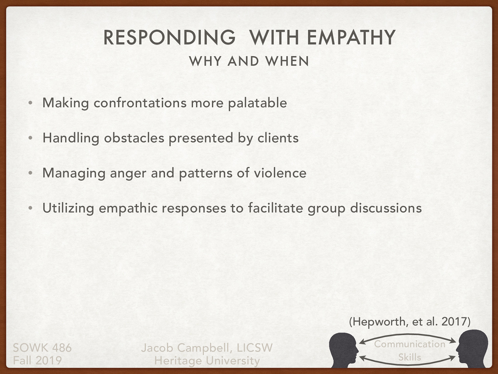  Making confrontations more palatable Handling obstacles presented by clients Managing anger and patterns of violence Utilizing empathic responses to facilitate group discussions 
