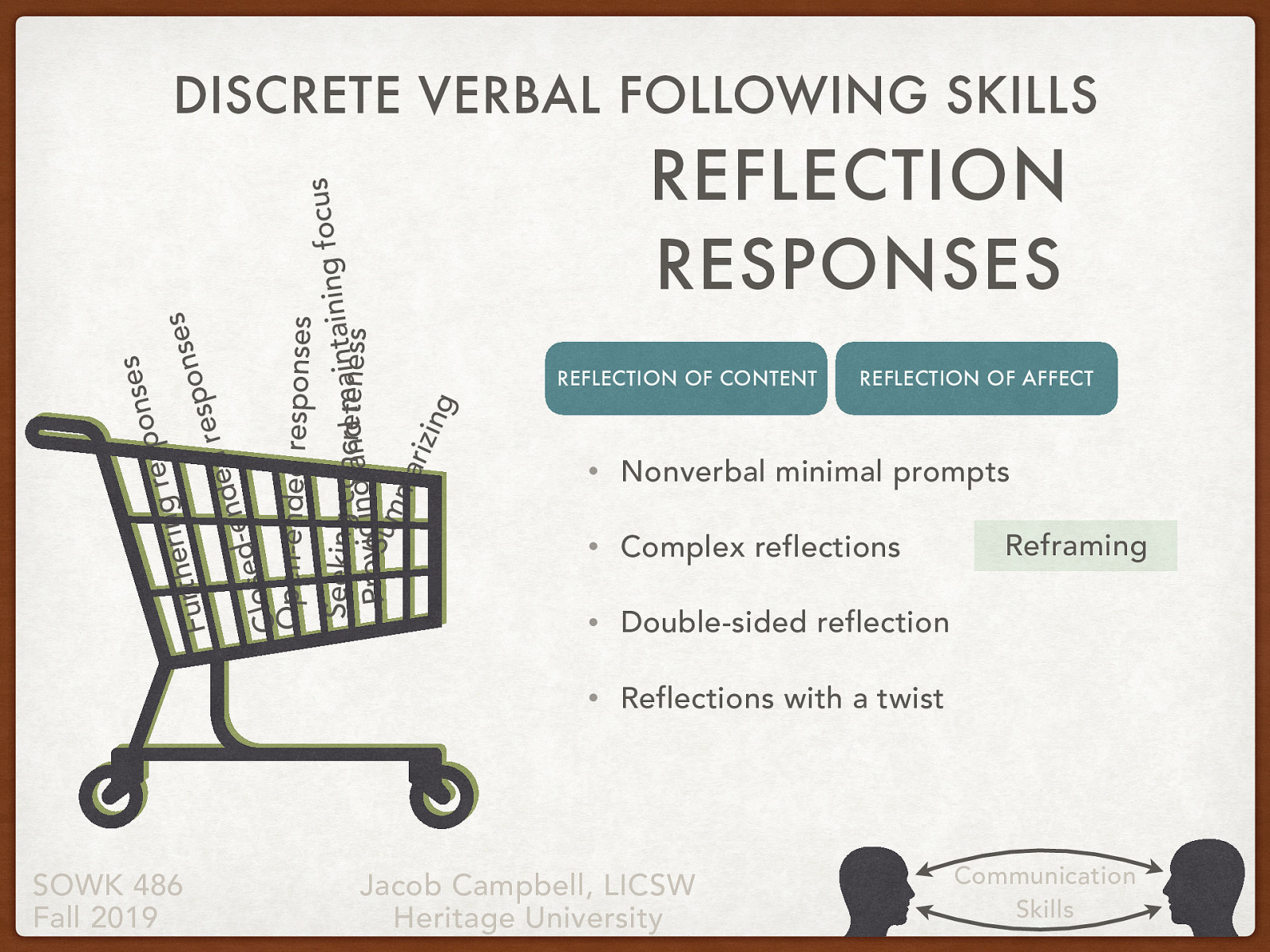 There are two basic types of of reflection:   Reflection of Content: emphasize the cognitive aspects of client messages, such as situations, ideas, objects, or persons (Hackney & Cormier, 2005).  Reflection of Affect: focus attention on the affective part of the communication (Cormier, Nurius, & Osborn, 2009). In reflections of affect, social workers relate with responses that accurately capture clients’ affect and help them reflect on and sort through their feelings  Reflection can take the form of the following forms:   Simple reflections, which identify the emotions expressed by the client, are a heritage from nondirective, client-centered counseling  Complex reflections go beyond what the client has directly stated or implied, adding substantial meaning or emphasis to convey a more complex picture   Reframing: is another form of adding content. Here, the social worker puts the client’s response in a different light beyond what the client had considered (Moyers et al., 2003)    Double-sided reflection: Sometimes clients express indecision and conflict between several alternatives. that captures both sides of the dilemma that is fostering ambivalence about acting (Miller & Rollnick, 2002)  Reflections with a twist are reflections in which the social worker agrees in essence with the dilemma expressed by the client but changes the emphasis, perhaps to indicate that the dilemma is not unsolvable but rather that the client has not at this time solved it (Miller & Rollnick, 2013) 
