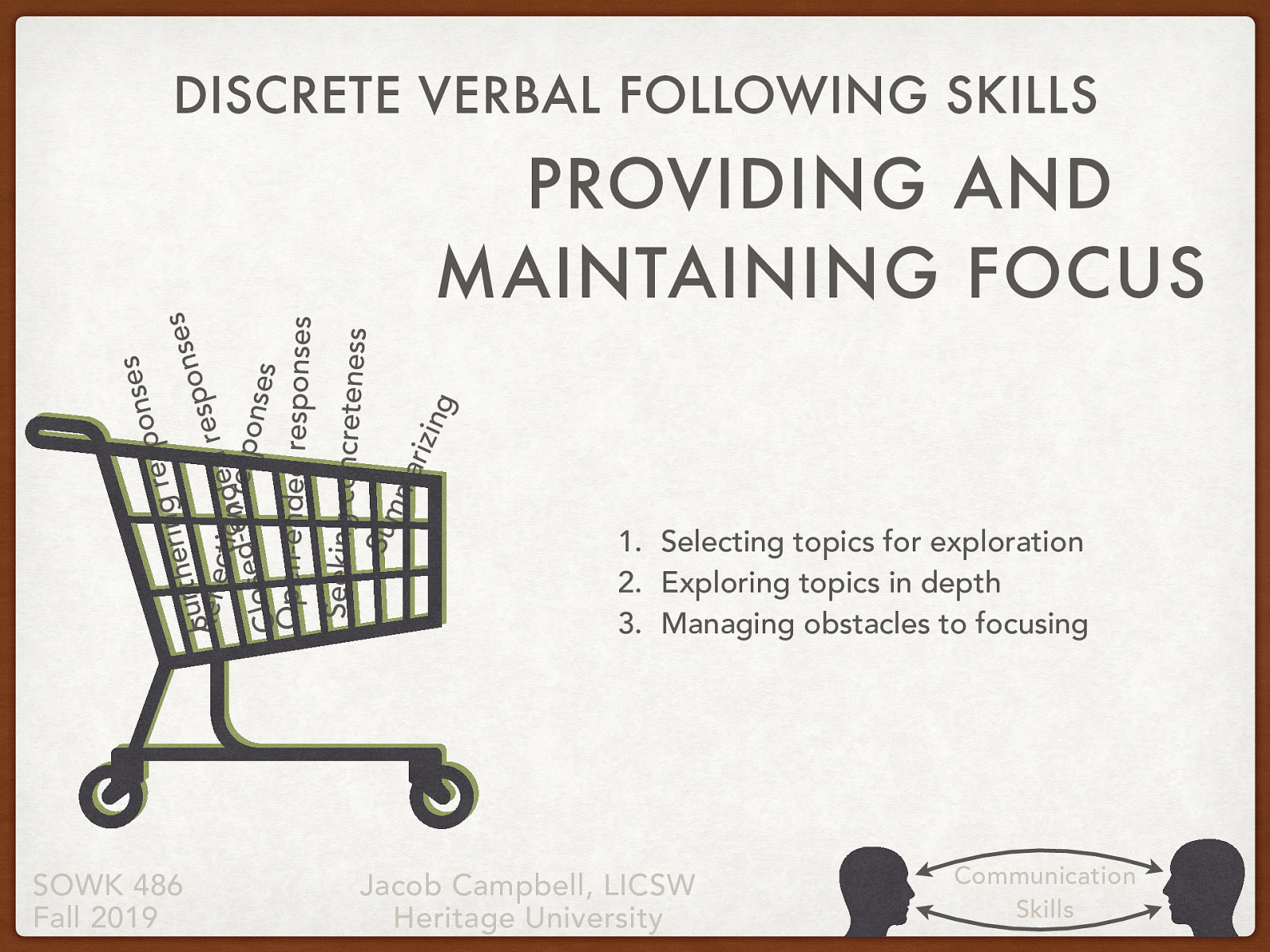 The functions of focusing skills include  Selecting topics for exploration Exploring topics in depth Managing obstacles to focusing 
