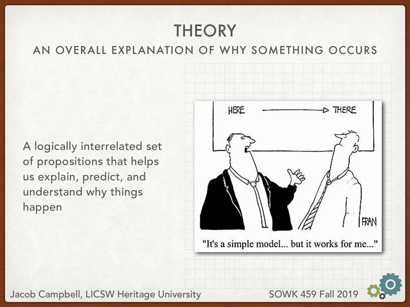  So if paradigms are a broad way of viewing and thinking about the world, a theory is the explanation of the world that is based in a specific paradigm.   A logically interrelated set of propositions that helps us explain, predict, and understand why things happen 
