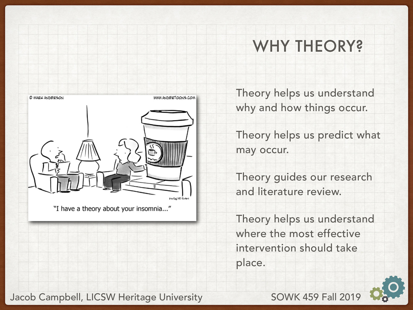  These Theories help us explain what is going on in the world, but why are the so important.   Theory helps us understand why and how things occur. Theory helps us predict what may occur. Theory guides our research and literature review. Theory helps us understand where the most effective intervention should take place. 
