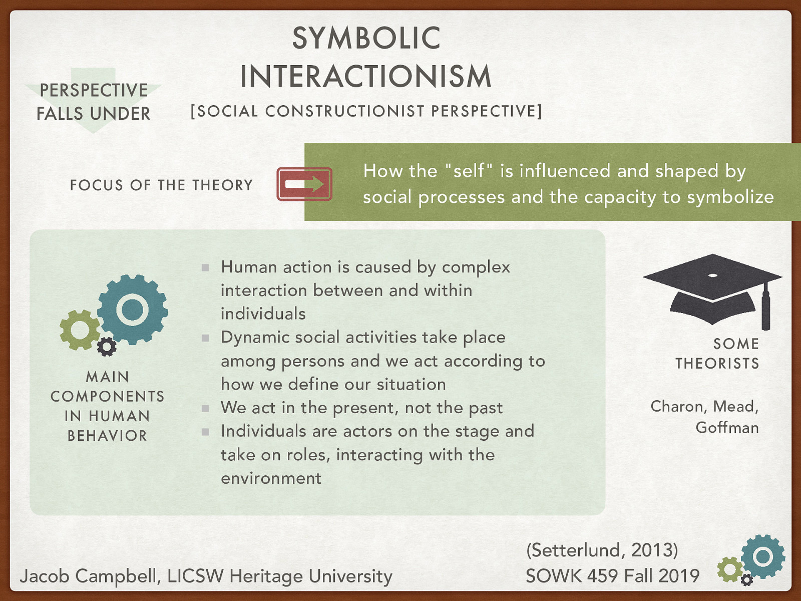 Theory Name: Symbolic Interactionism Underlying Perspective: [Social Constructionist Perspective] Focus of the Theory: How the “self” is influenced and shaped by social processes and the capacity to symbolize Main Components in Human Behavior:  Human action is caused by complex interaction between and within individuals Dynamic social activities take place among persons and we act according to how we define our situation We act in the present, not the past Individuals are actors on the stage and take on roles, interacting with the environment  Theorists: Charon, Mead, Goffman
