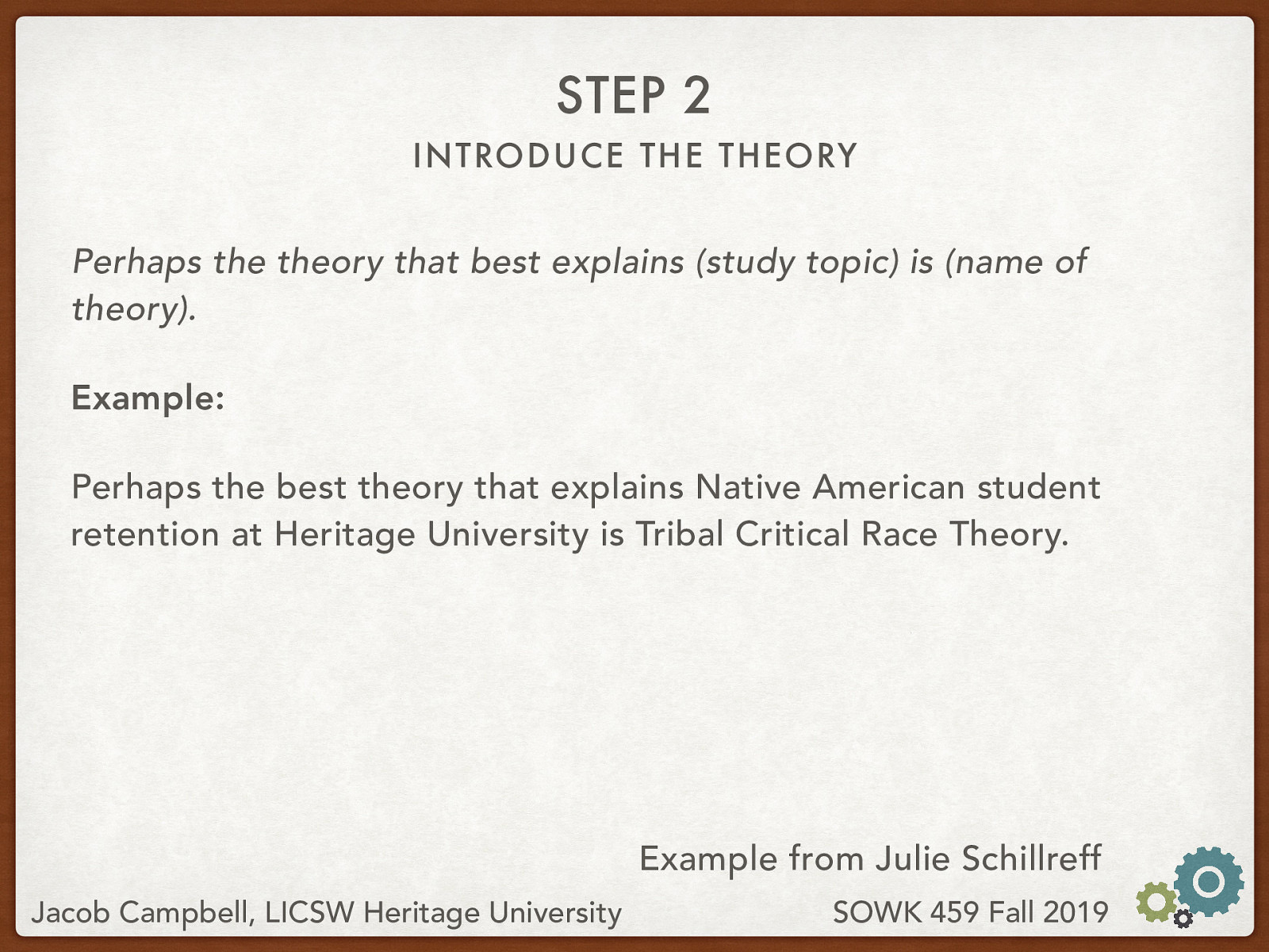 Perhaps the theory that best explains (study topic) is (name of theory). Example: Perhaps the best theory that explains Native American student retention at Heritage University is Tribal Critical Race Theory.
