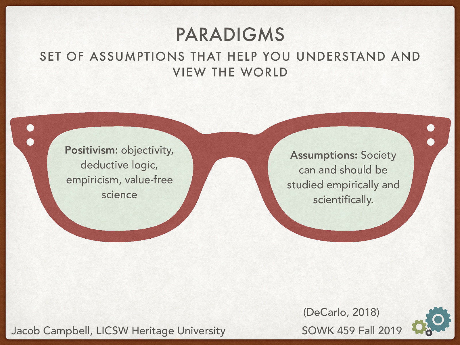  There are four paradigms that we generally consider when we think about social work research. The paradigm that is most frequently thought of as we consider social work research is that of Positivism.  Positivism Paradigm: objectivity, deductive logic, empiricism, value-free science Assumptions: Society can and should be studied empirically and scientifically.
