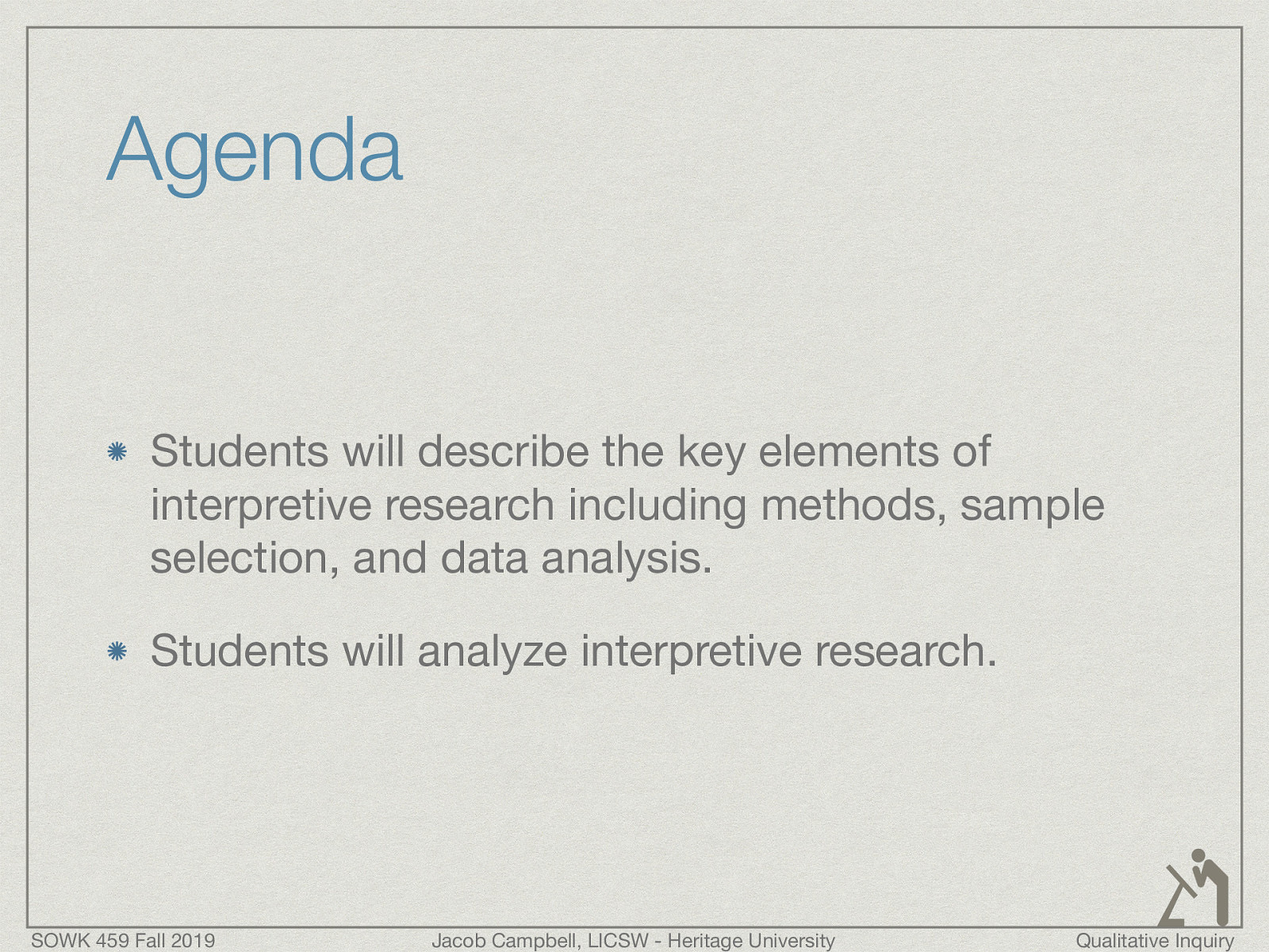  Students will describe the key elements of interpretive research including methods, sample selection, and data analysis. Students will analyze interpretive research. 
