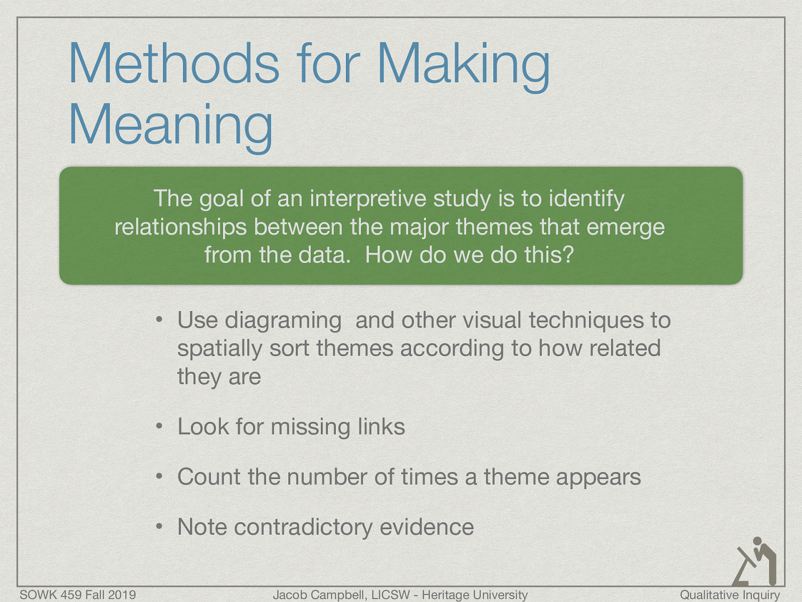  The goal of an interpretive study is to identify relationships between the major themes that emerge from the data.  How do we do this?   Use diagraming  and other visual techniques to spatially sort themes according to how related they are Look for missing links Count the number of times a theme appears Note contradictory evidence 
