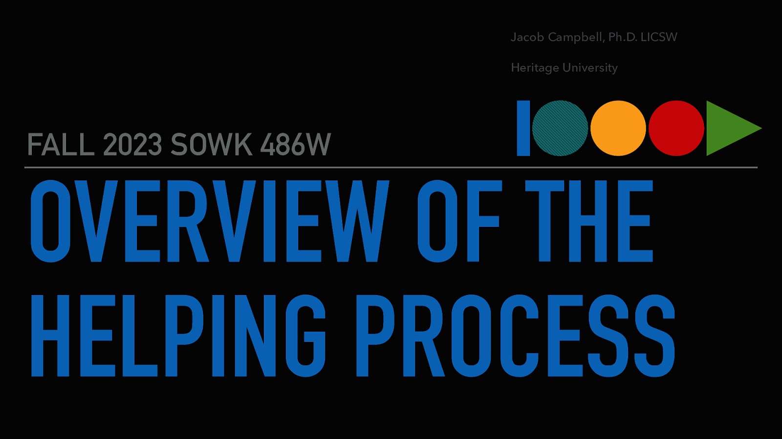 Jacob Campbell, Ph.D. LICSW Heritage University FALL 2023 SOWK 486W OVERVIEW OF THE HELPING PROCESS