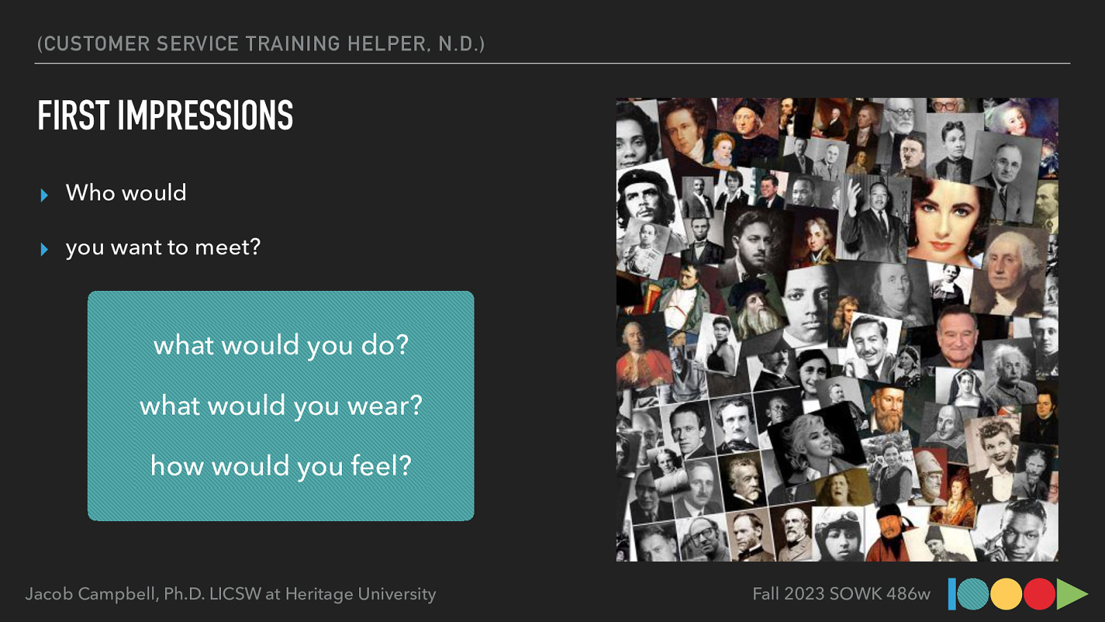 (CUSTOMER SERVICE TRAINING HELPER, N.D.) FIRST IMPRESSIONS ▸ Who would ▸ you want to meet? what would you do? what would you wear? how would you feel? Jacob Campbell, Ph.D. LICSW at Heritage University Fall 2023 SOWK 486w
