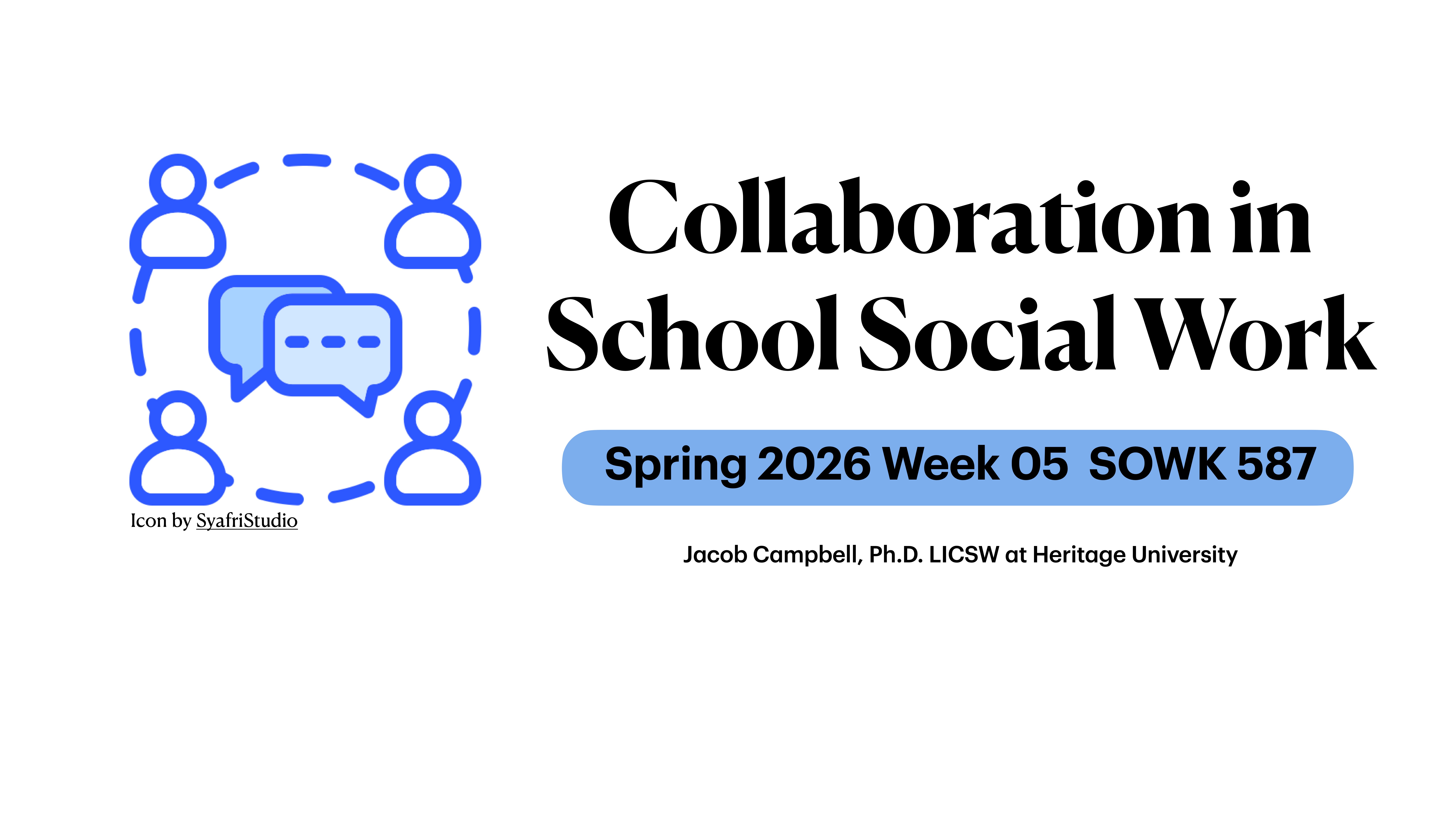 The image shows a presentation slide. Graphics of people and speech bubbles depict communication. Text reads: “Collaboration in School Social Work,” “Spring 2026 Week 05 SOWK 587,” by Jacob Campbell, Ph.D., at Heritage University.