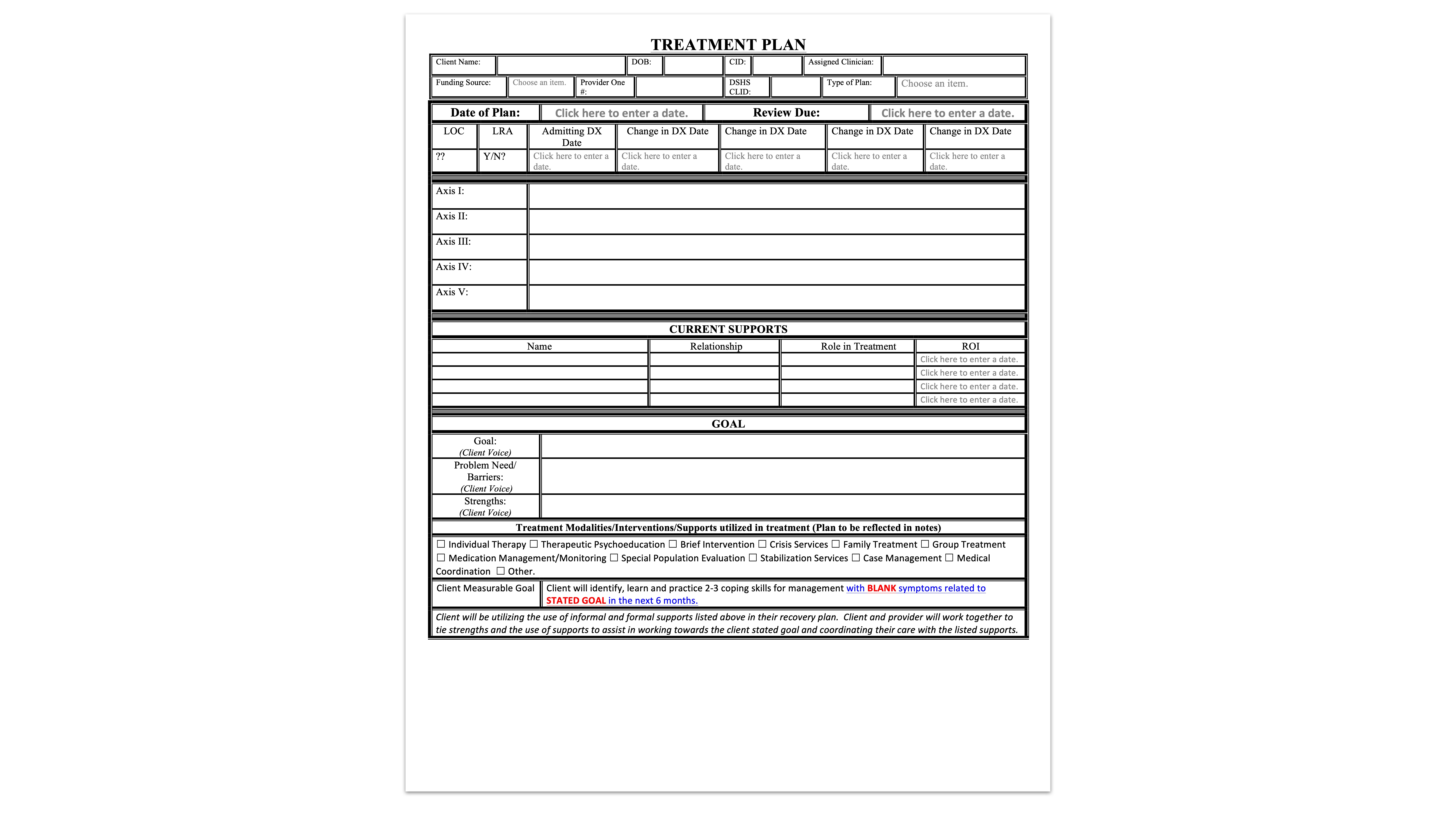 The image shows a 'Treatment Plan' form featuring sections for client data, treatment actions, goals, and comments. Key fields include: Date of Plan, Axis I-V, and current symptoms. Sections for provider and client signatures are included, emphasizing documentation and evaluation.