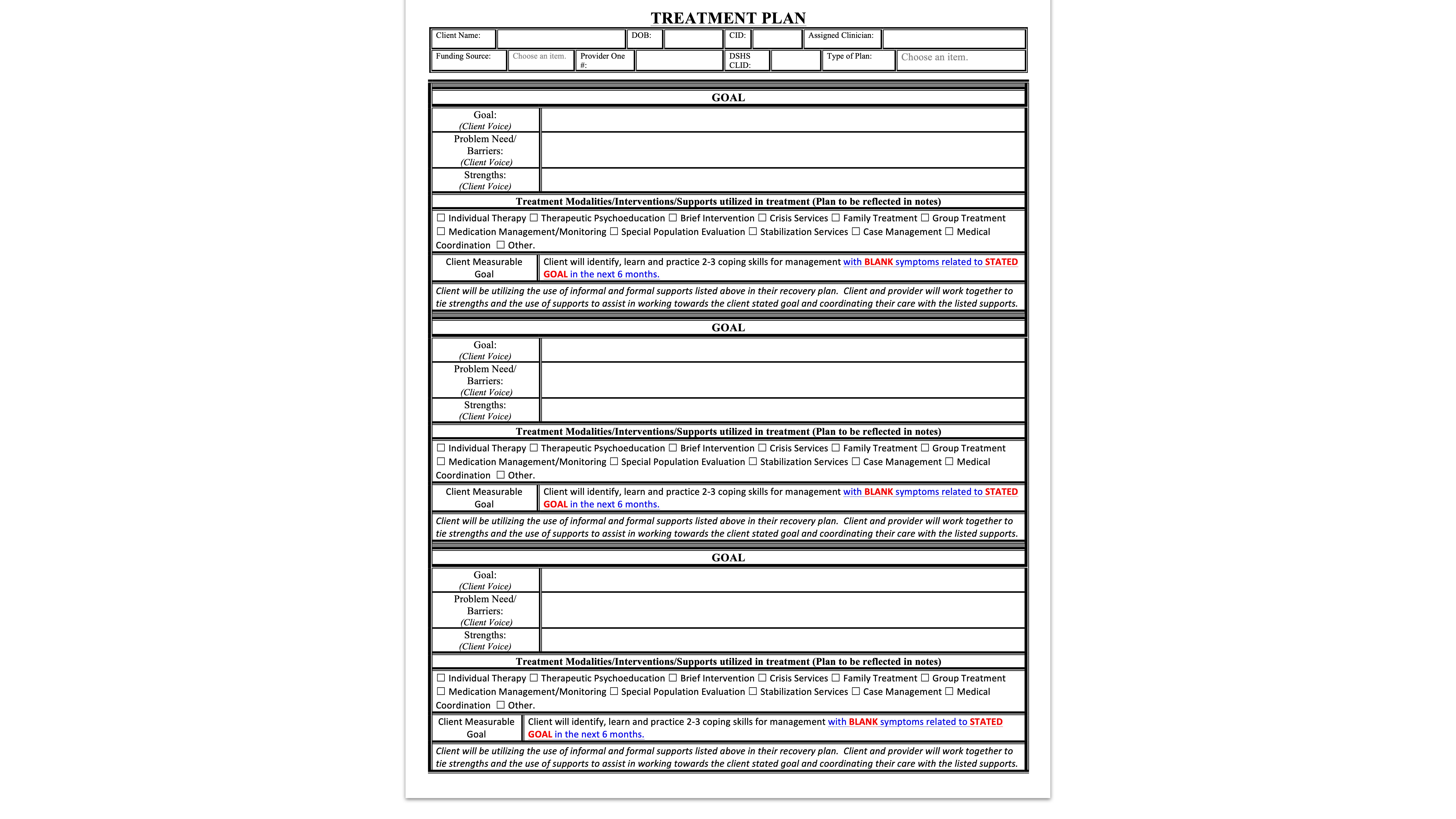 This image displays a structured treatment plan with sections for client information, goals, and interventions, featuring text fields for diagnosis, clinician signatures, and customizable therapeutic strategies.