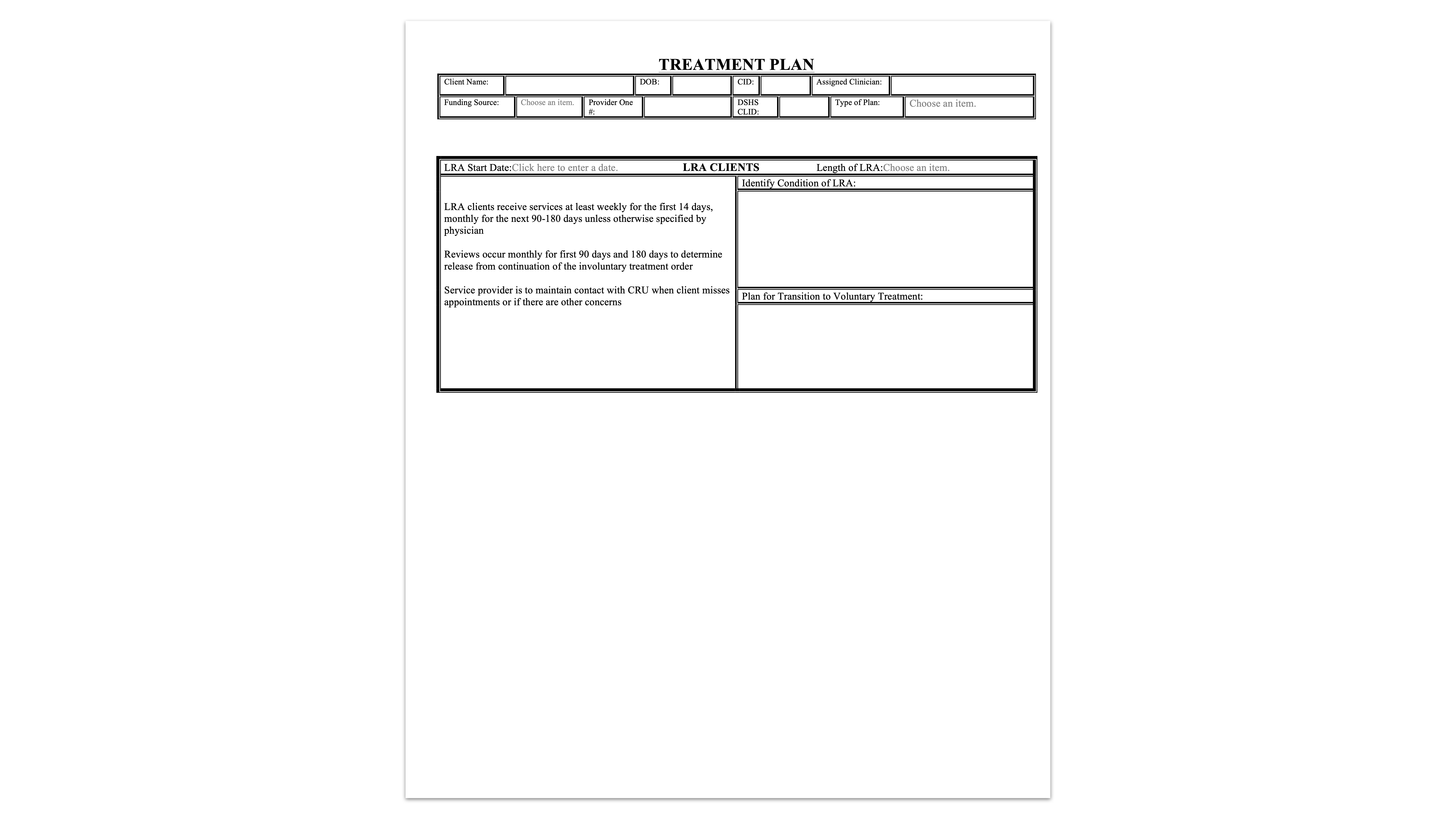 A treatment plan form is divided into sections for client details, diagnosis, objectives, and treatment methods. It's an organized template featuring headings like 'Estimated Length of Treatment' and specific client goals and actions.