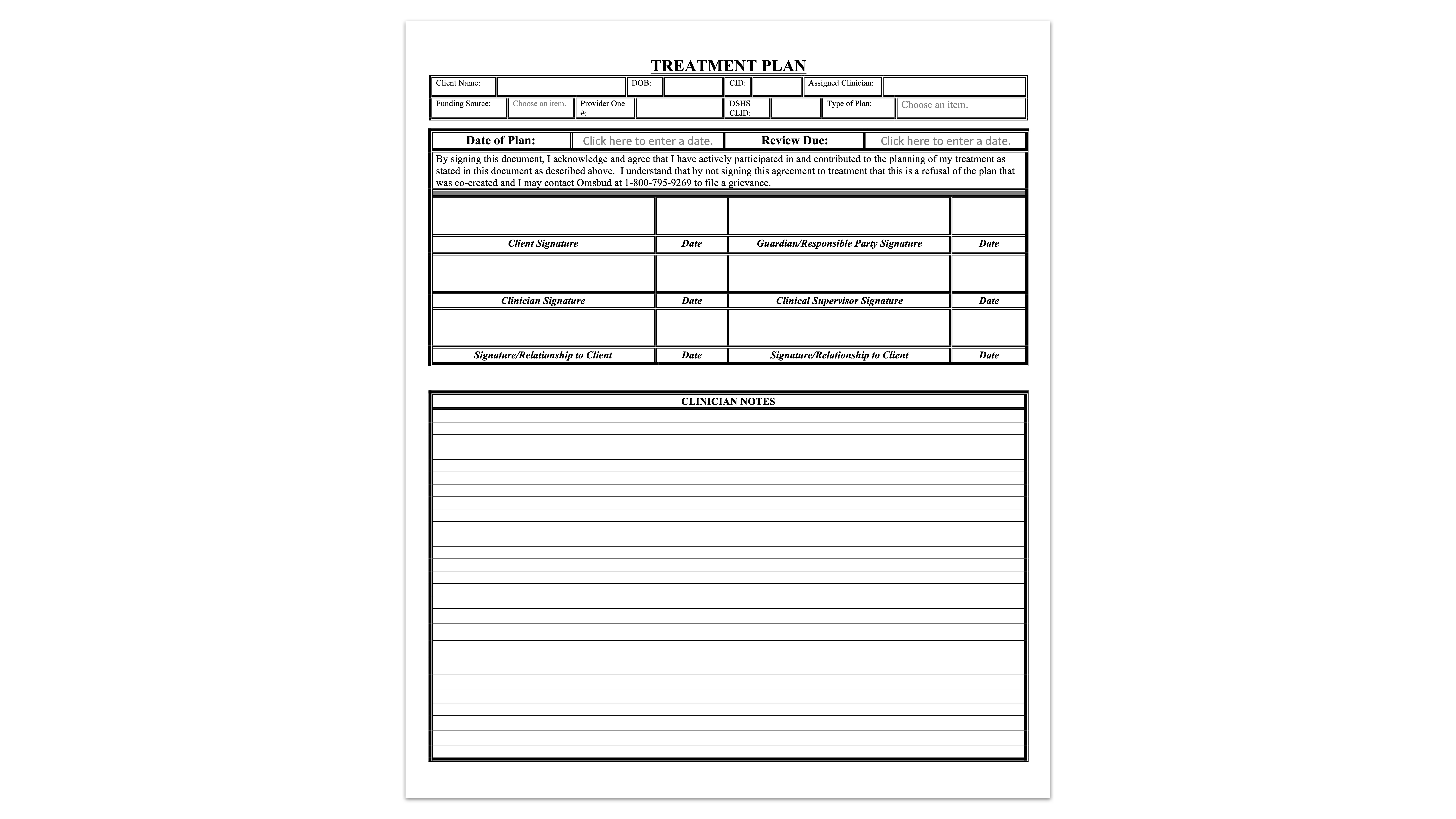 The image shows a printed medical 'TREATMENT PLAN' form with sections for patient details, dates, signatures, and clinician notes. The form includes areas for 'Client Name,' 'Date of Birth,' 'Review Date,' and 'Clinician Signature.'