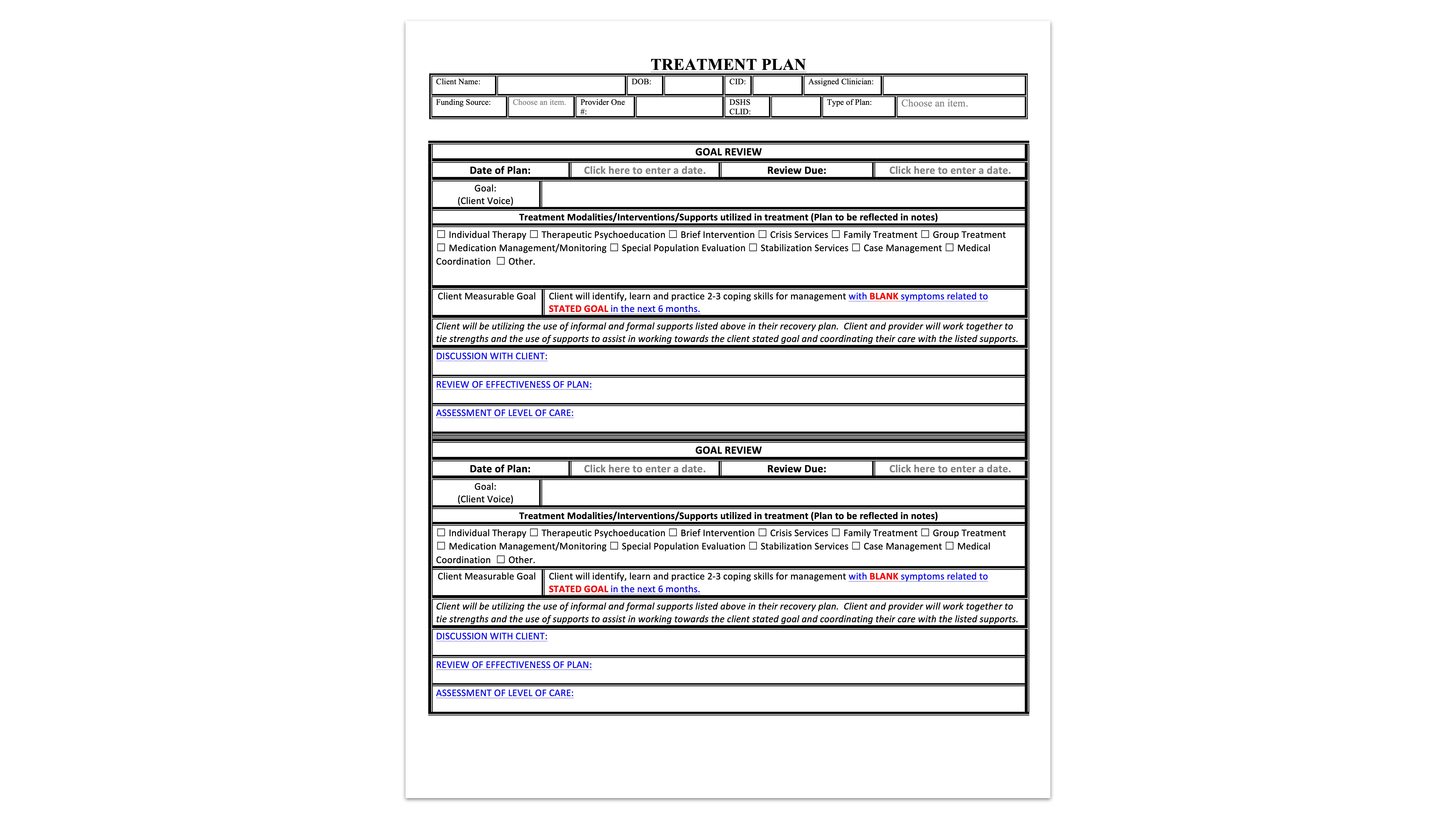 A treatment plan chart with sections for client information, goal reviews, dates, and objectives. Text fields include 'Date of Plan,' 'Problem/Symptom,' 'Goal Review,' and structured action steps for client issues.