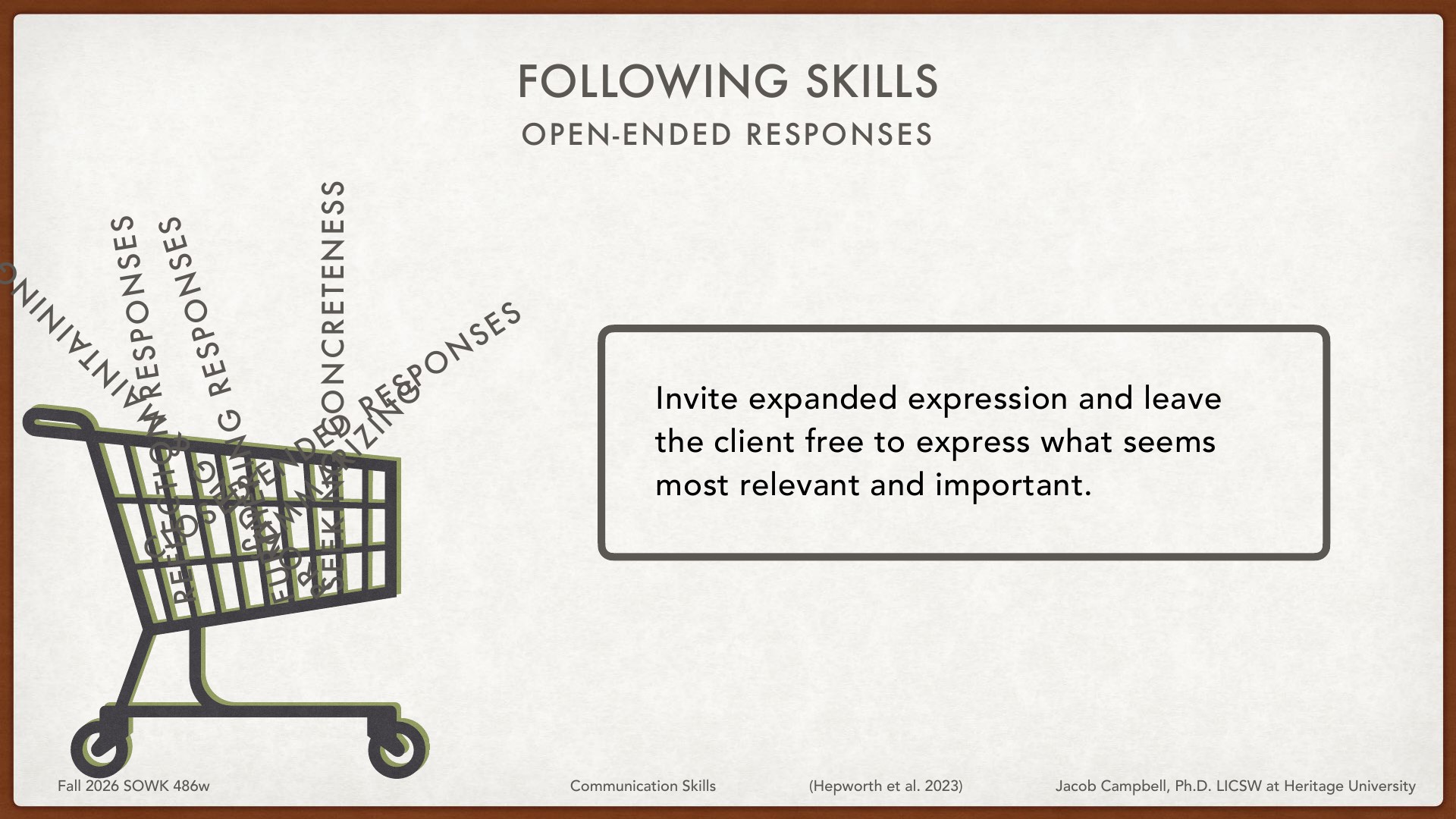 A presentation slide showing a shopping cart illustration filled with communication-related terms, with a text box explaining that open-ended responses invite expanded client expression by leaving them free to express what seems most relevant and important. The slide is titled 'Following Skills' and labeled as Fall 2026 SOWK 486w, Communication Skills.