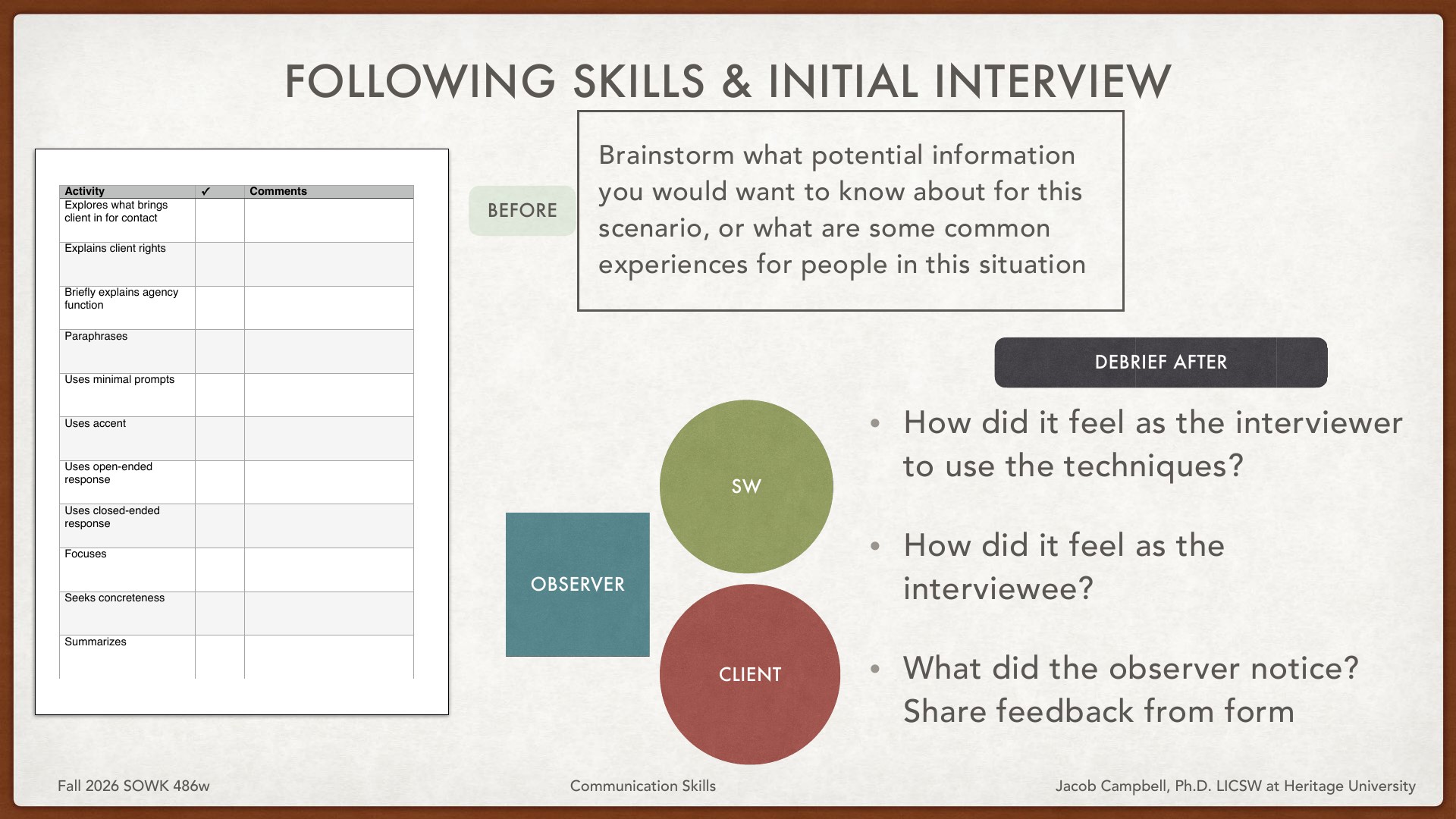 A presentation slide titled 'Following Skills & Initial Interview' from a Fall 2026 SOWK 486w course shows a skills assessment framework on the left listing interview activities (exploring client concerns, explaining rights, paraphrasing, using prompts, etc.). The right side displays a 'Before' brainstorming prompt and an 'After' debrief structure with three perspectives—Observer, Social Worker (SW), and Client—asking how the interview felt to each party and what feedback the observer noted.