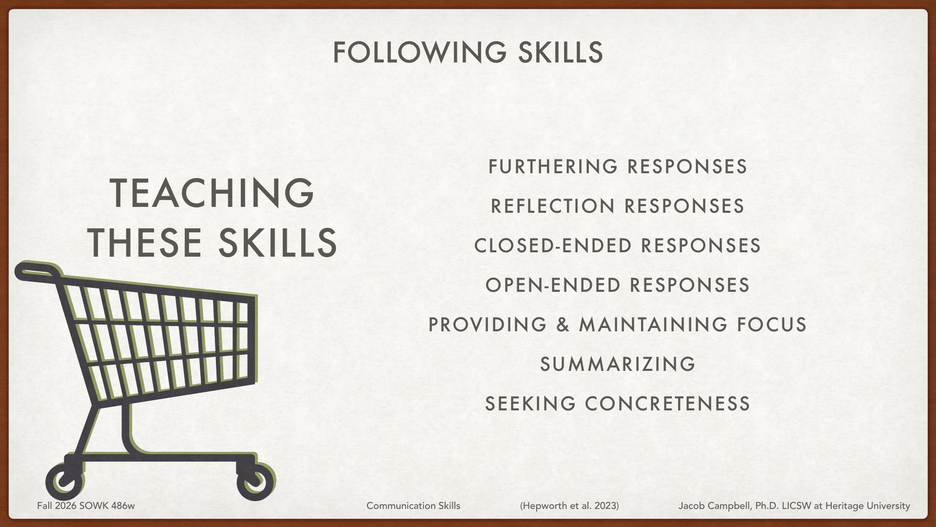 A presentation slide titled 'FOLLOWING SKILLS' featuring a shopping cart illustration on the left with text 'TEACHING THESE SKILLS.' The right side lists response techniques: Furthering Responses, Reflection Responses, Closed-Ended Responses, Open-Ended Responses, Providing & Maintaining Focus, Summarizing, and Seeking Concreteness. Footer credits: Fall 2026 SOWK 486w, Communication Skills (Hepworth et al. 2023), Jacob Campbell, Ph.D. LICSW at Heritage University.