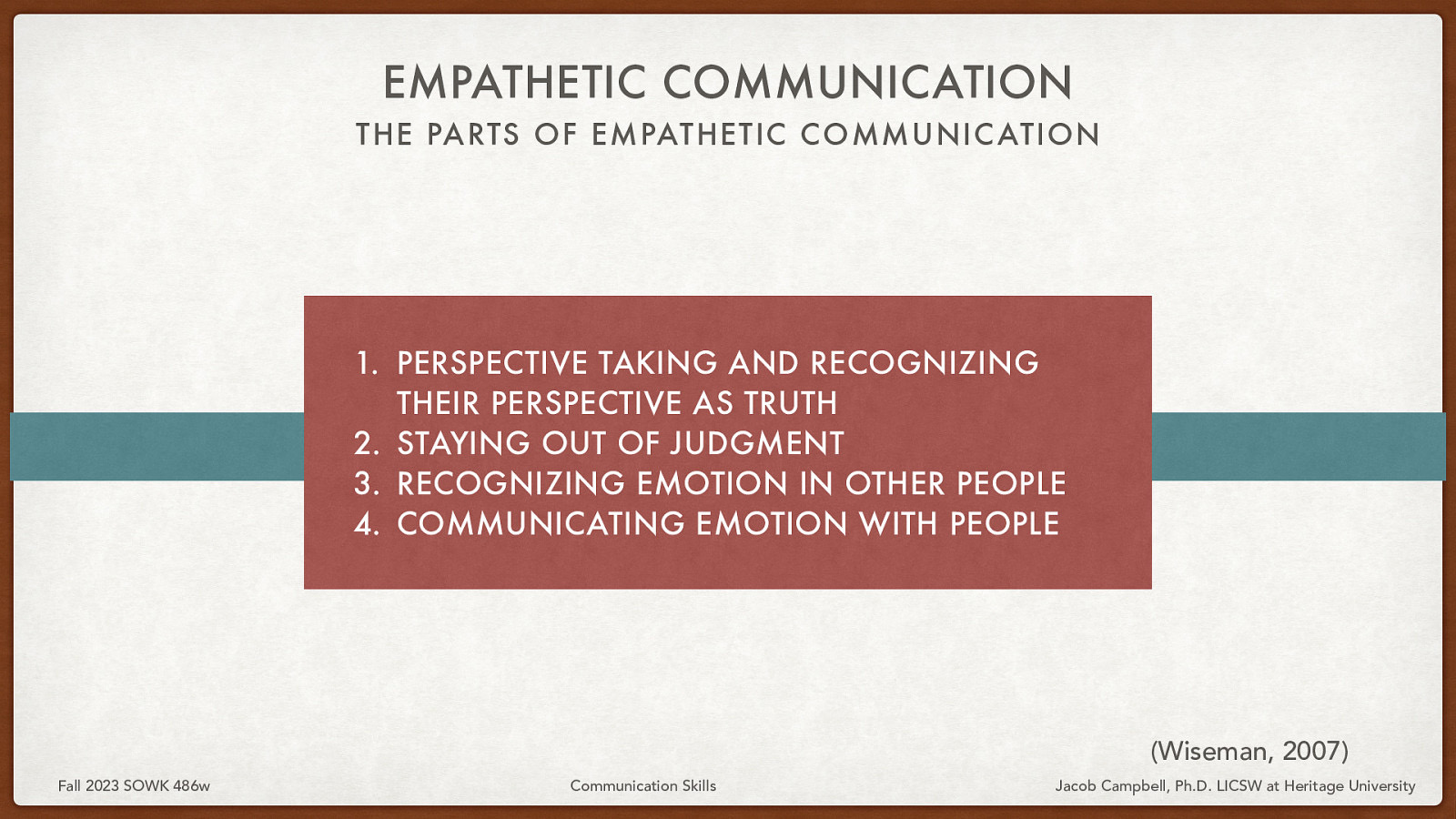 EMPATHETIC COMMUNICATION THE PARTS OF EMPATHETIC COMMUNIC ATION  PERSPECTIVE TAKING AND RECOGNIZING THEIR PERSPECTIVE AS TRUTH 2. STAYING OUT OF JUDGMENT 3. RECOGNIZING EMOTION IN OTHER PEOPLE 4. COMMUNICATING EMOTION WITH PEOPLE (Wiseman, 2007) Fall 2023 SOWK 486w Communication Skills Jacob Campbell, Ph.D. LICSW at Heritage University 
