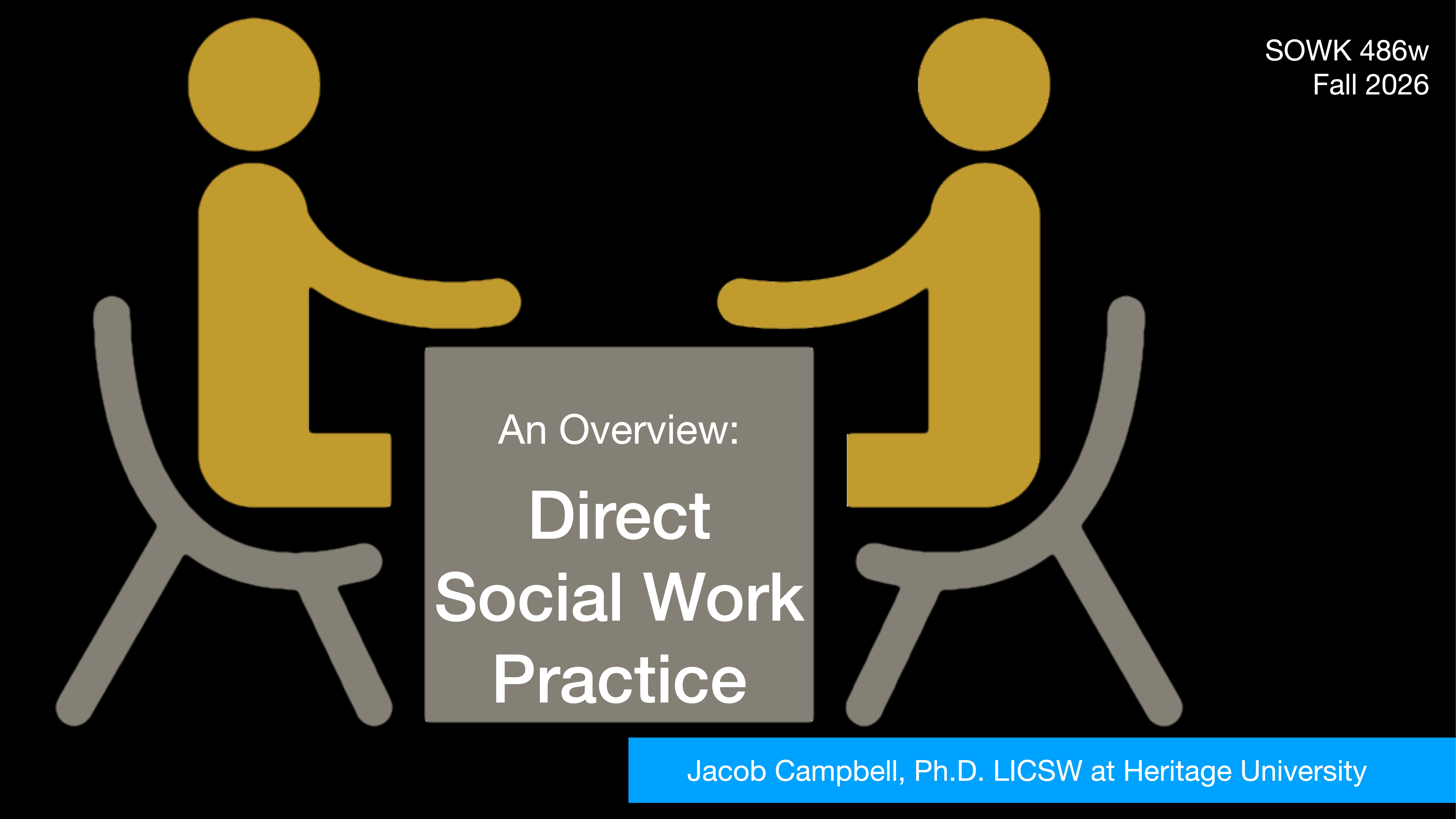 Two stylized figures sit across a table, suggesting conversation. Text reads: 'An Overview: Direct Social Work Practice.' Additional text: 'SOWK 486w Fall 2026,' 'Jacob Campbell, Ph.D. LICSW at Heritage University.'
