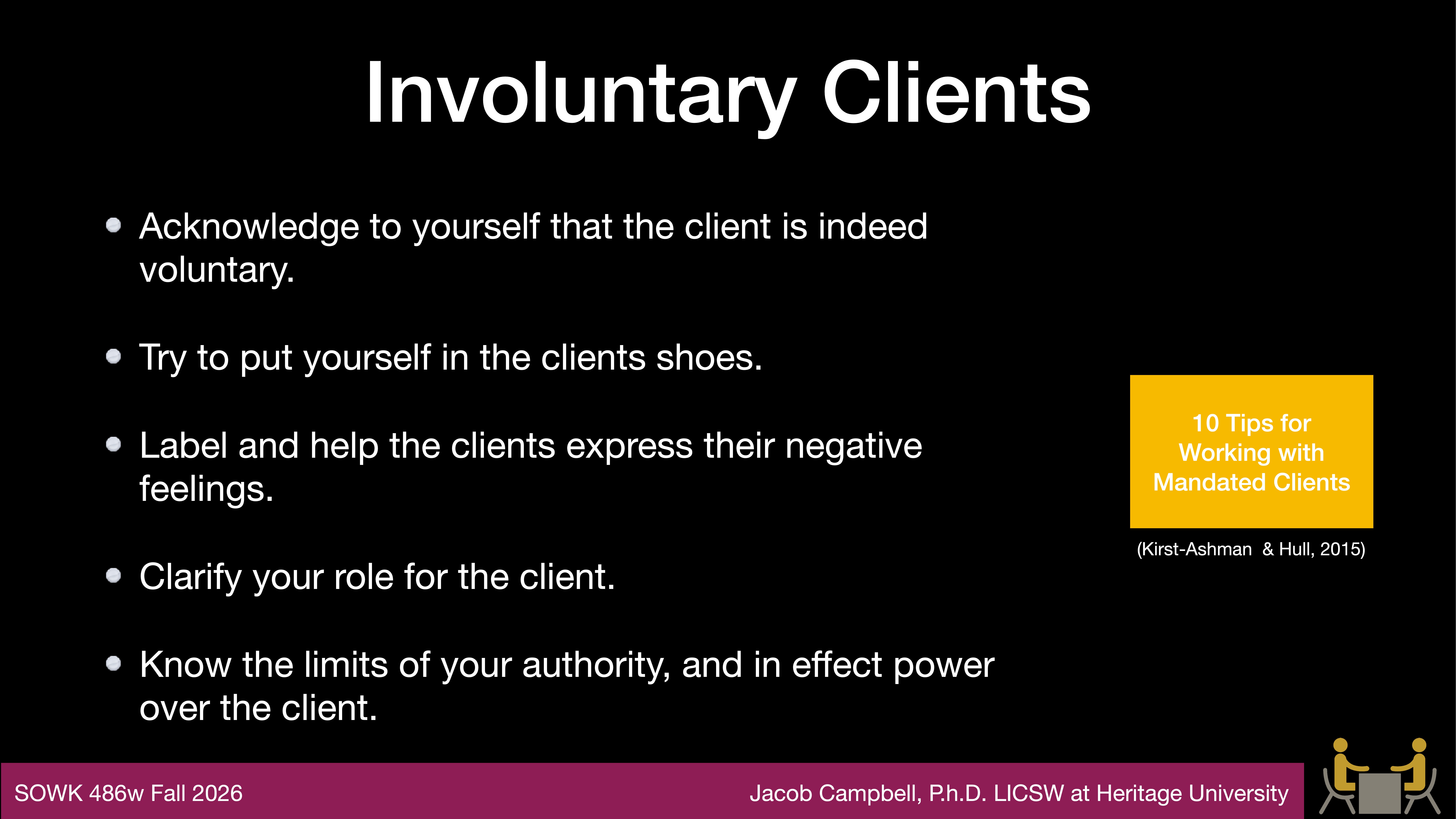 Presentation slide with the title 'Involuntary Clients.' Lists strategies: acknowledge voluntary status, empathize, label emotions, clarify role, know authority limits. Text box cites '10 Tips for Working with Mandated Clients' by Kirst-Ashman & Hull, 2015.