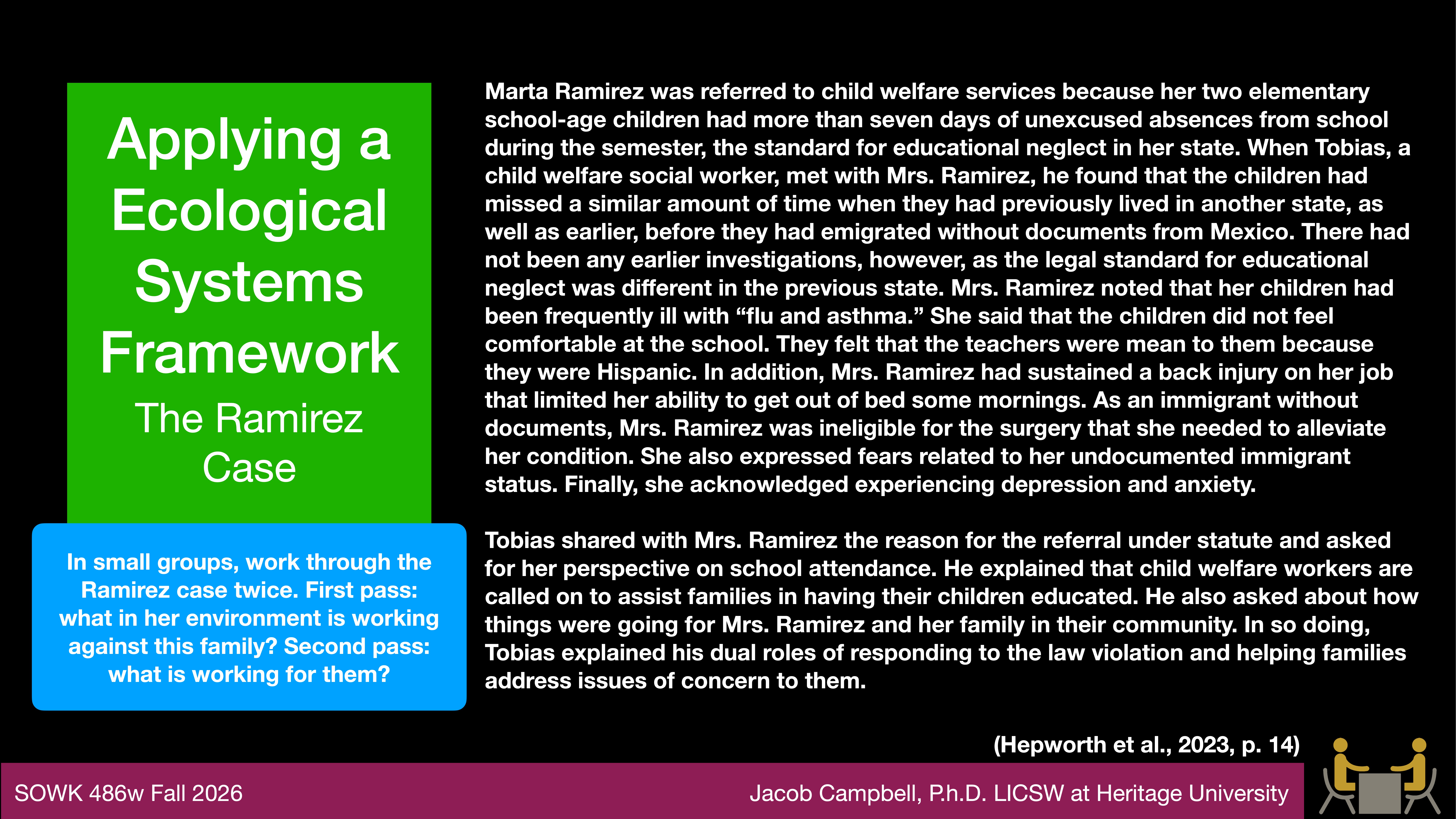 A presentation slide titled 'Applying a Ecological Systems Framework: The Ramirez Case' details Marta Ramirez’s situation involving child welfare services and school absences. It includes context about educational neglect, immigration, and social worker intervention. The bottom suggests group discussion questions about Ramirez's environment. Text:- SOWK 486w Fall 2026- Jacob Campbell, Ph.D. LICSW at Heritage University- (Hepworth et al., 2023, p. 14)