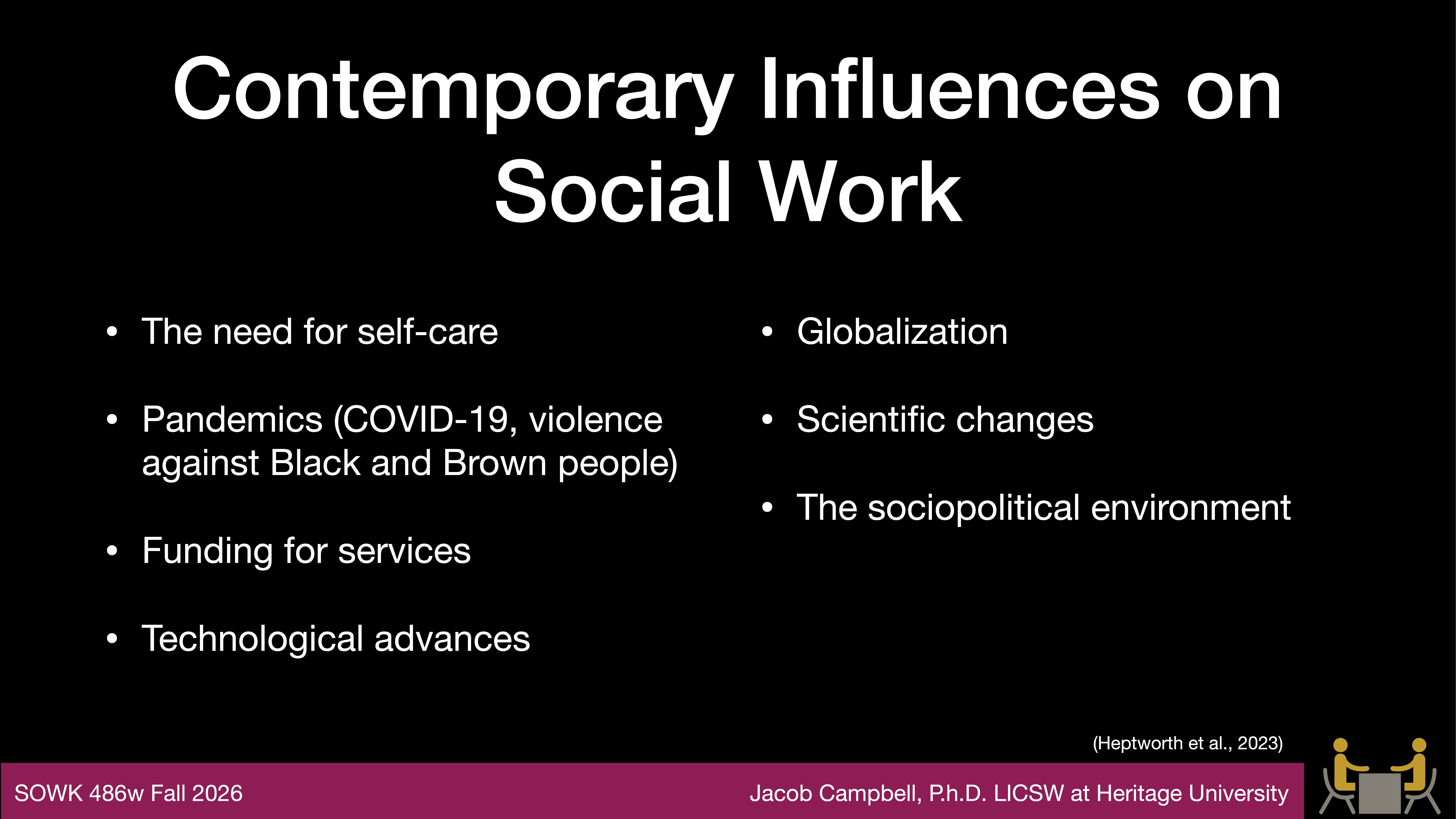 Text slide titled 'Contemporary Influences on Social Work' listing: need for self-care, pandemics (COVID-19, violence against Black and Brown people), funding for services, technological advances, globalization, scientific changes, sociopolitical environment. References Hepworth et al., 2023.