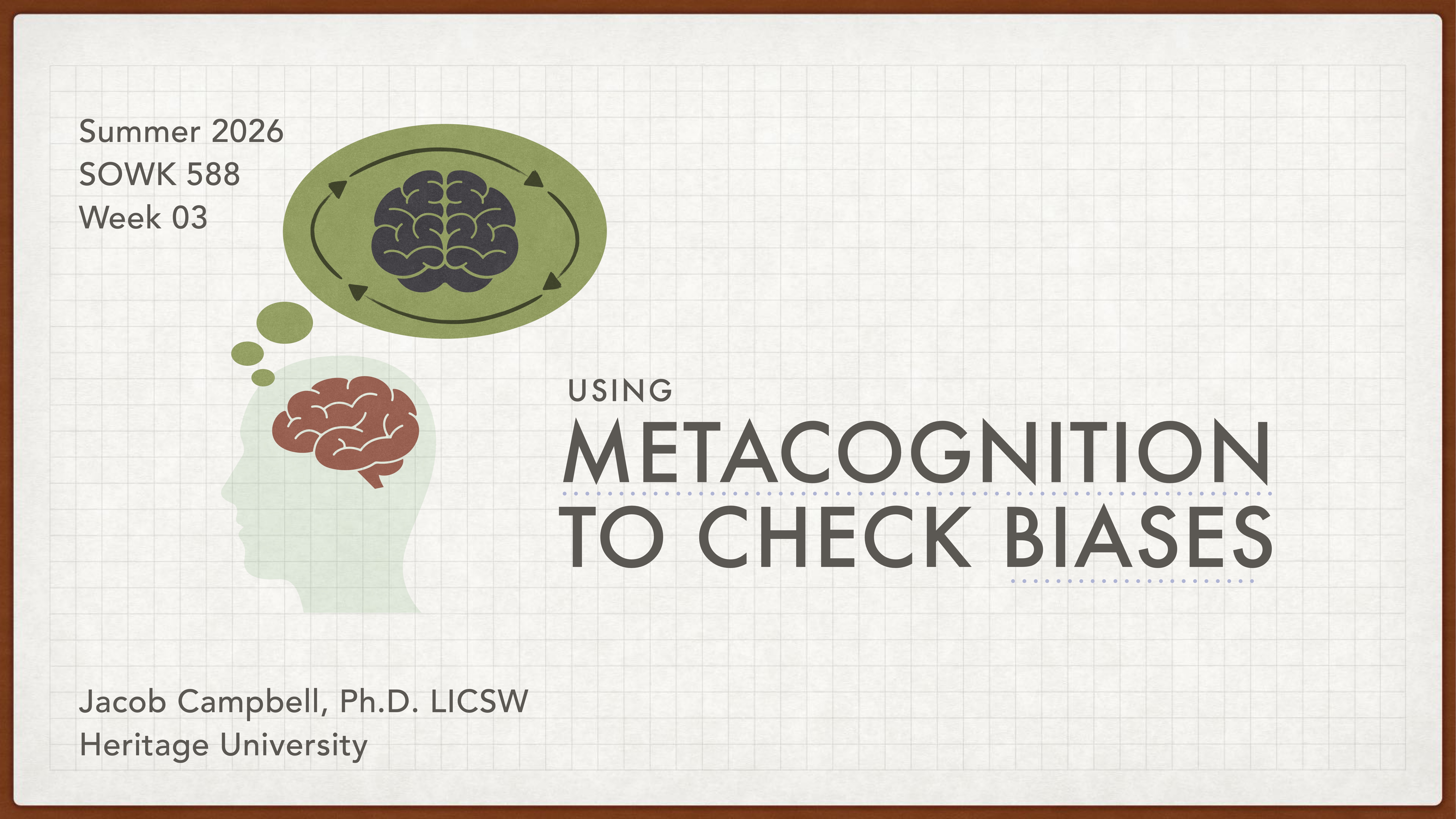 A silhouette of a head with a visible brain thinks about another brain inside an oval. Text reads: 'Summer 2026, SOWK 588, Week 03. Using Metacognition to Check Biases. Jacob Campbell, Ph.D. LICSW, Heritage University.'