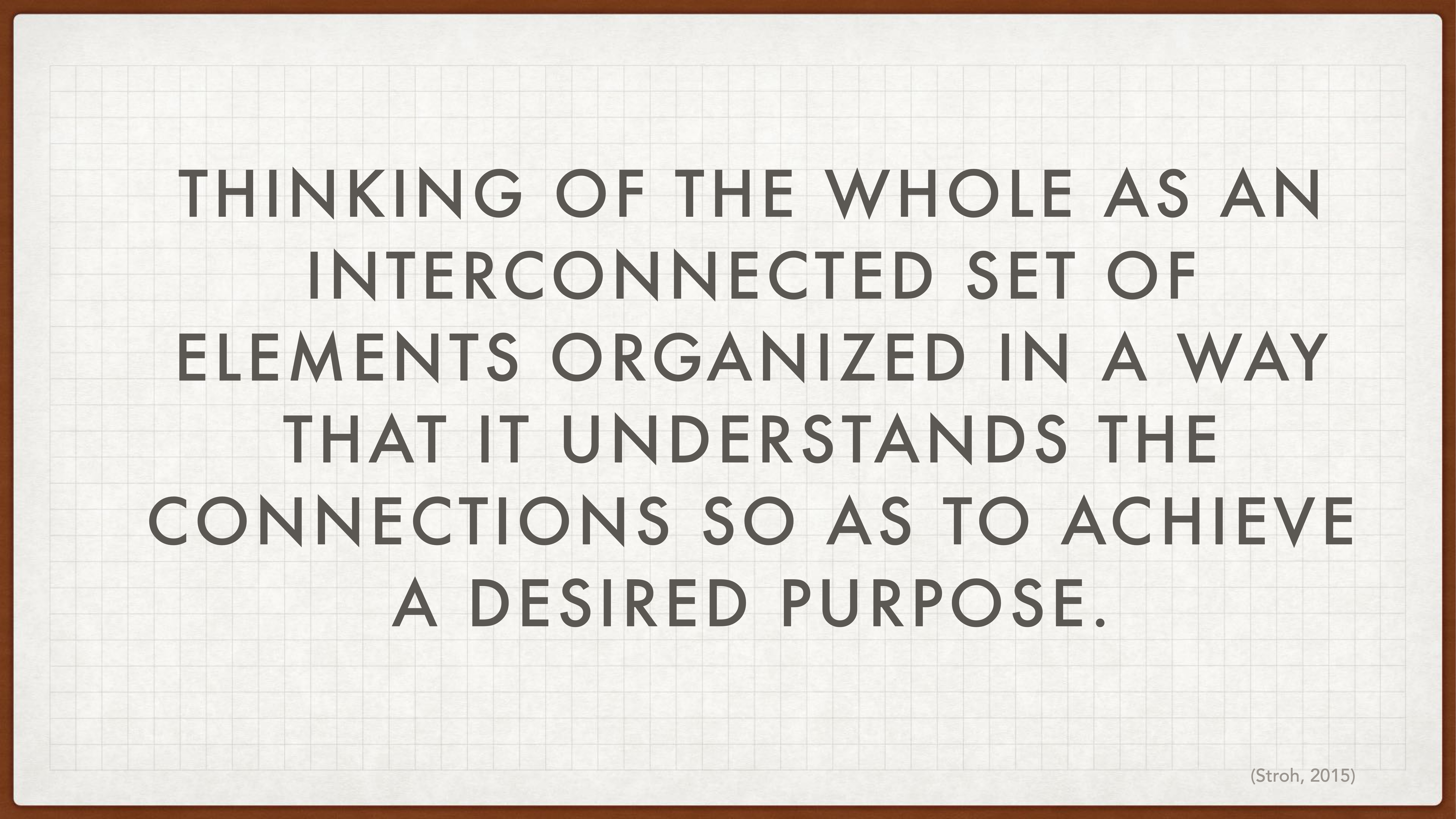 Text in the image reads: 'Thinking of the whole as an interconnected set of elements organized in a way that it understands the connections so as to achieve a desired purpose.' (Stroh, 2015)