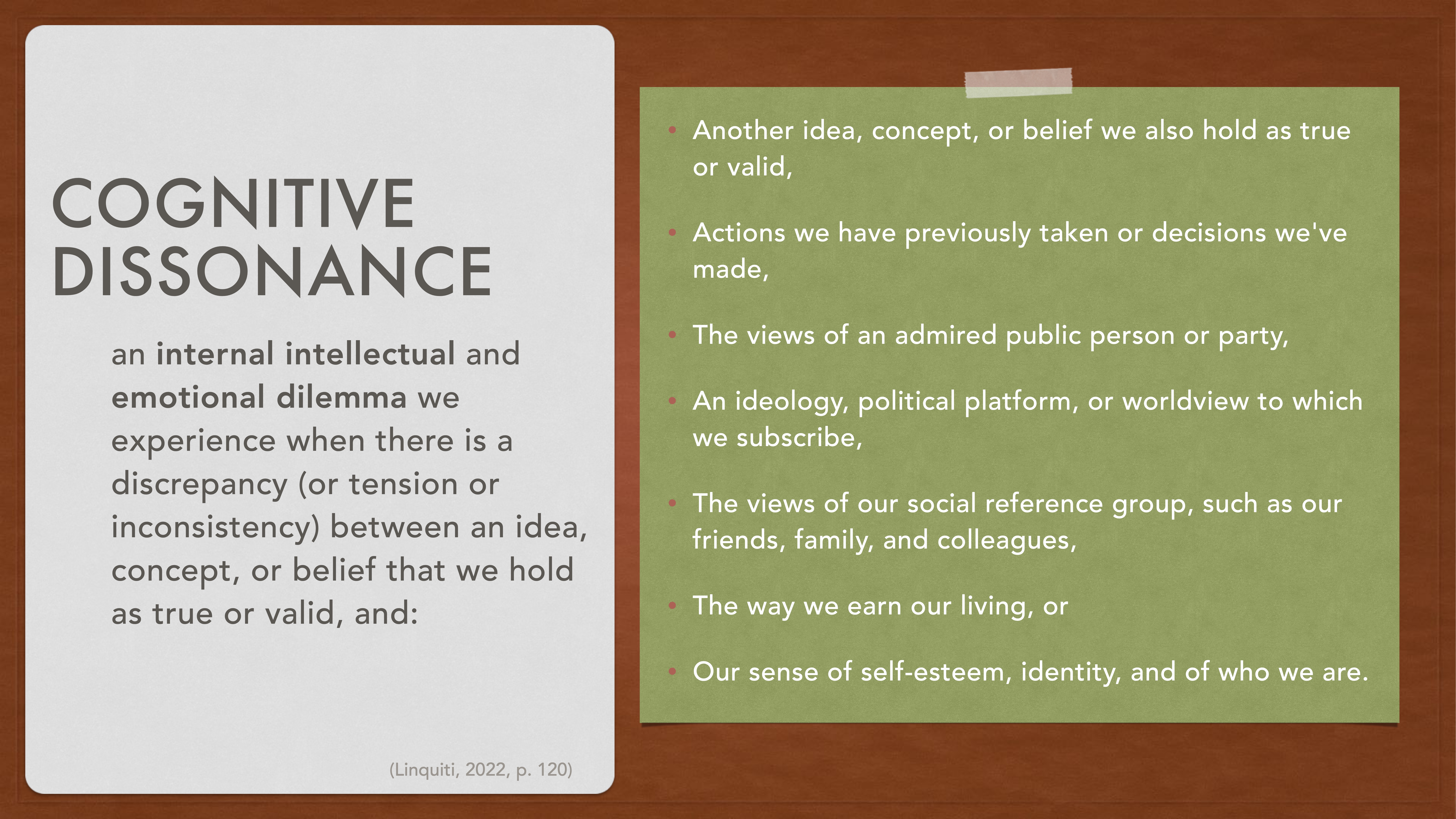A slide titled 'Cognitive Dissonance' defines it as an internal dilemma over conflicting beliefs or concepts, with context on influences like actions, views, ideology, and identity.