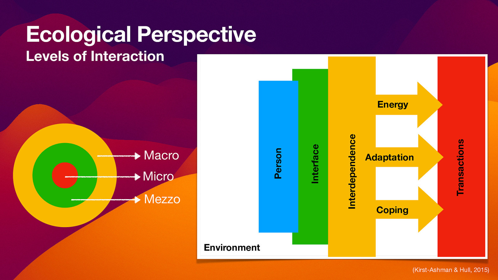 Ecological Perspective Levels of Interaction Mezzo Adaptation Transactions Micro Interdependence Macro Interface Person Energy Coping Environment (Kirst-Ashman & Hull, 2015)
