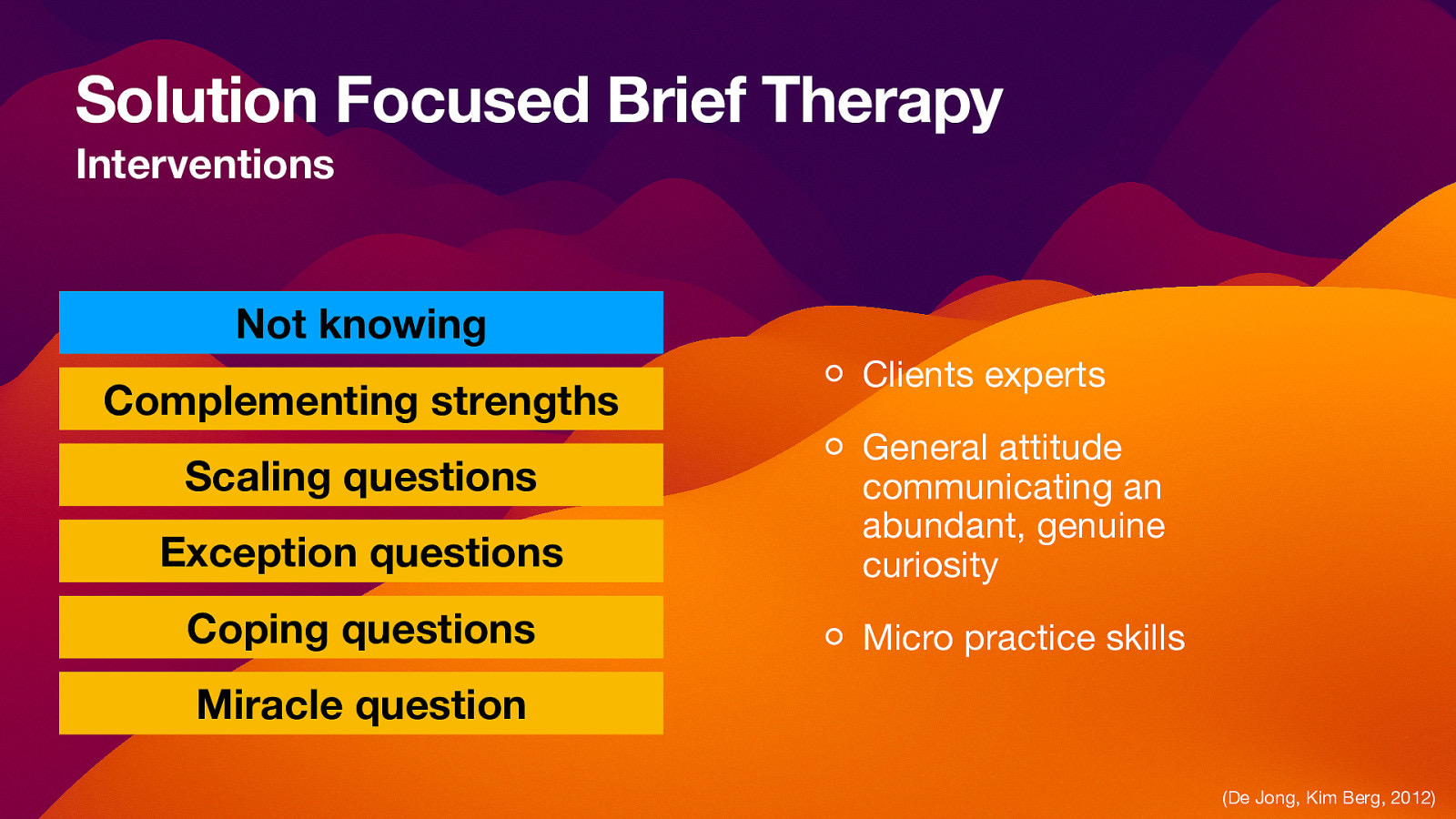 Solution Focused Brief Therapy Interventions Not knowing Complementing strengths Clients experts Exception questions General attitude communicating an abundant, genuine curiosity Coping questions Micro practice skills Scaling questions Miracle question (De Jong, Kim Berg, 2012)
