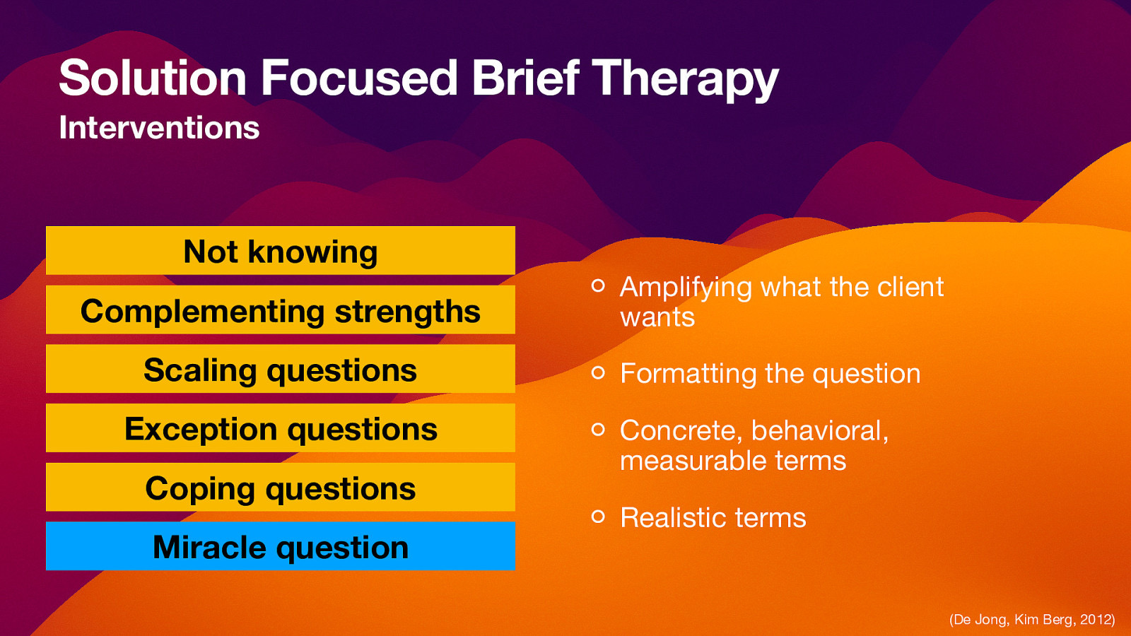 Solution Focused Brief Therapy Interventions Not knowing Complementing strengths Scaling questions Exception questions Coping questions Miracle question Amplifying what the client wants Formatting the question Concrete, behavioral, measurable terms Realistic terms (De Jong, Kim Berg, 2012)
