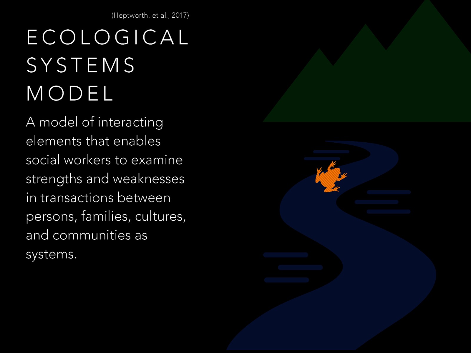  Didn’t talk about yesterday because I feel like it is a bit more difficult to understand and talk about. It’s a bit different, kind of a combination of both Ecological perspective and systems theory.   “A model of interacting elements that enables social workers to examine strengths and weaknesses in transactions between persons, families, cultures, and communities as systems” (Hepworth, et al., 2017, p. 13) 
