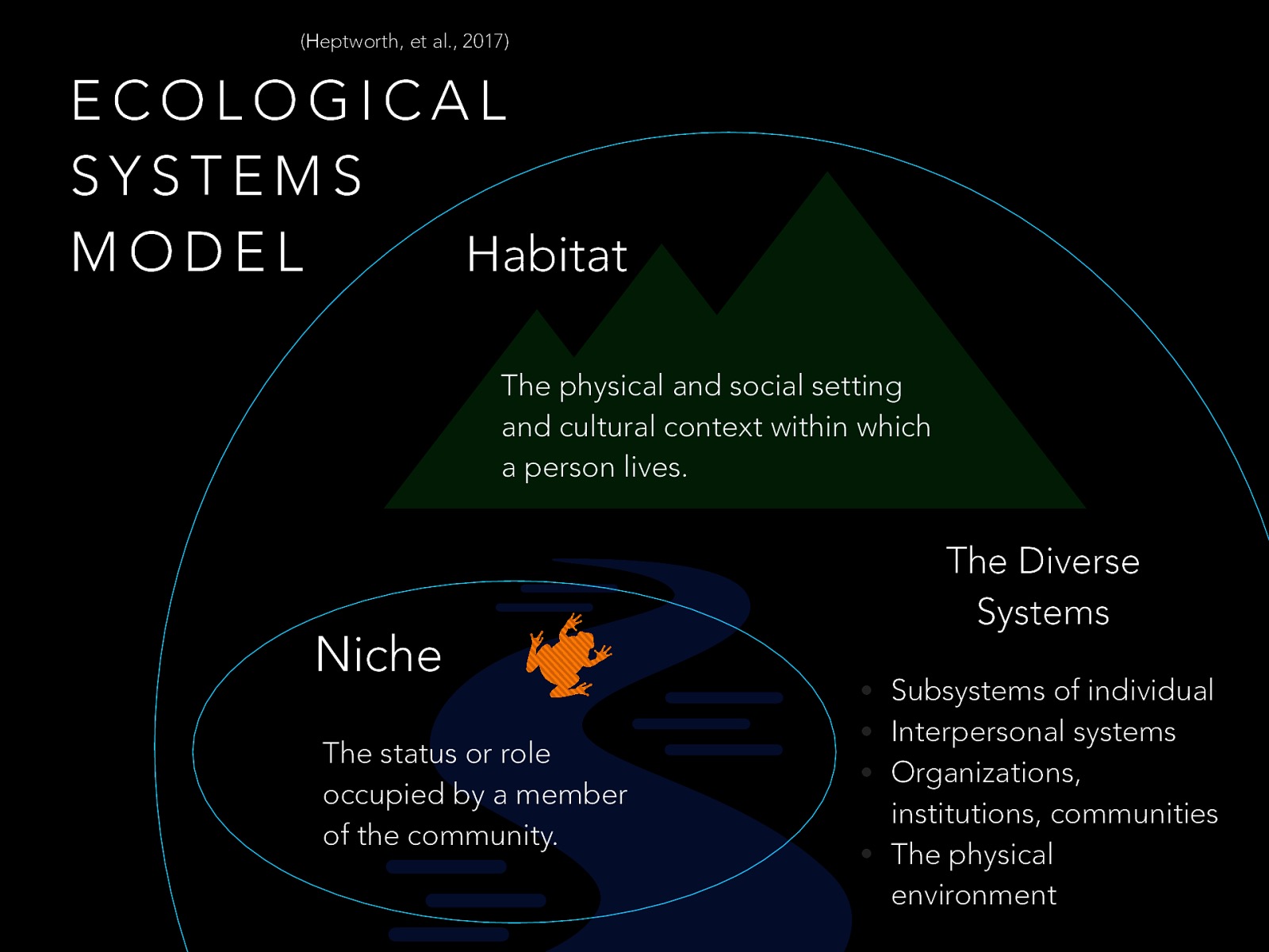  “Assessment from an ecological systems perspective obviously requires knowledge of the diverse systems involved in interactions between people and their environments”   Subsystems of individual (biophysical, cognitive, emotional, behavioral, motivational) Interpersonal systems (parent/child, marital, family, kin, friends, neighbors, cultural reference groups, spiritual belief systems, other members of social networks) Organizations, institutions, communities (housing, neighborhood environment, buildings, other artificial creations, water, weather and climate) The physical environment  Terms: target system action system (agency system) Closed systems vs. open systems
