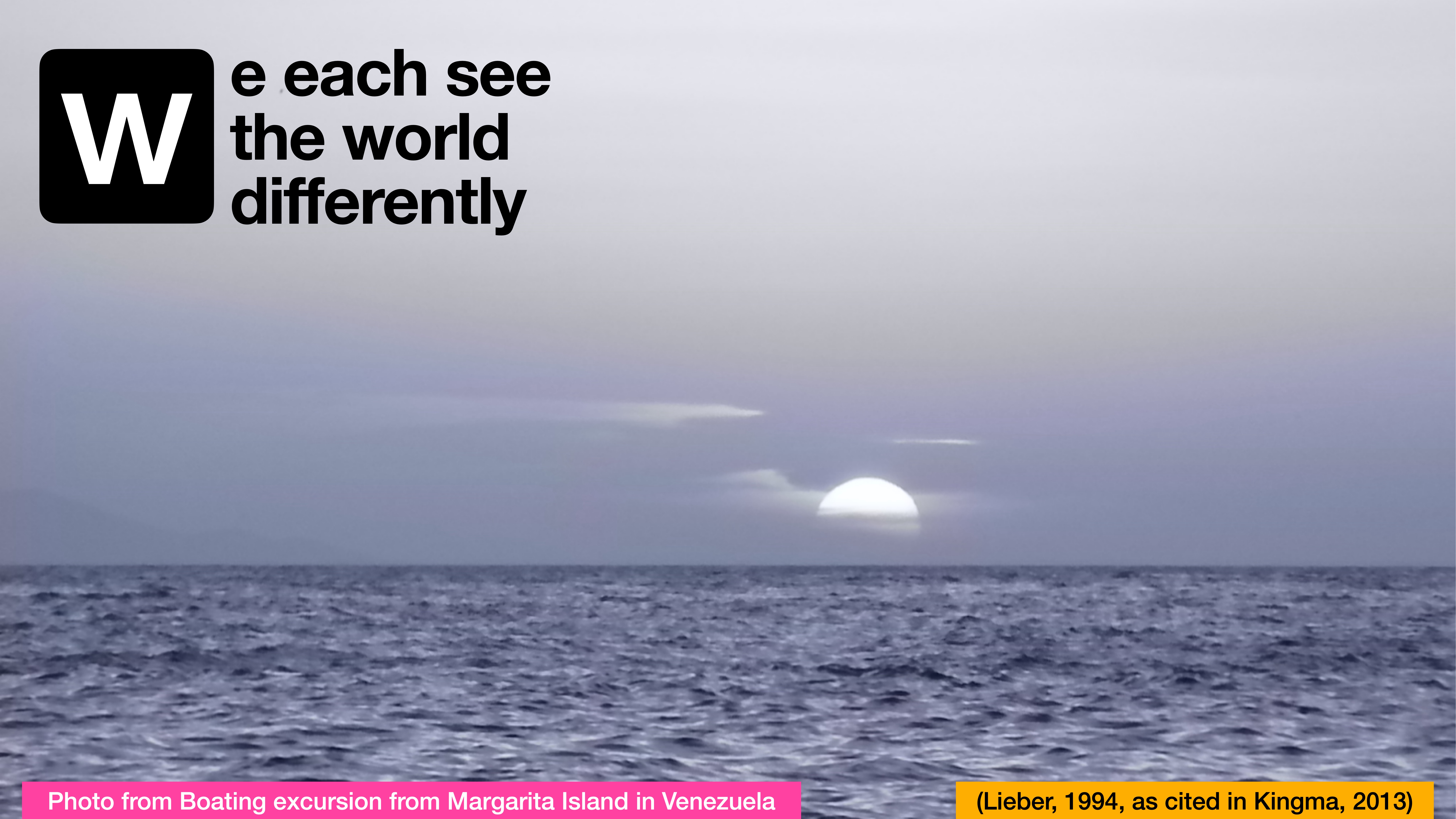 Sun setting over a calm ocean, emitting a soft glow. Text reads: 'We each see the world differently.' Caption: 'Photo from Boating excursion from Margarita Island in Venezuela' and citation: 'Lieber, 1994, as cited in Kingma, 2013.'