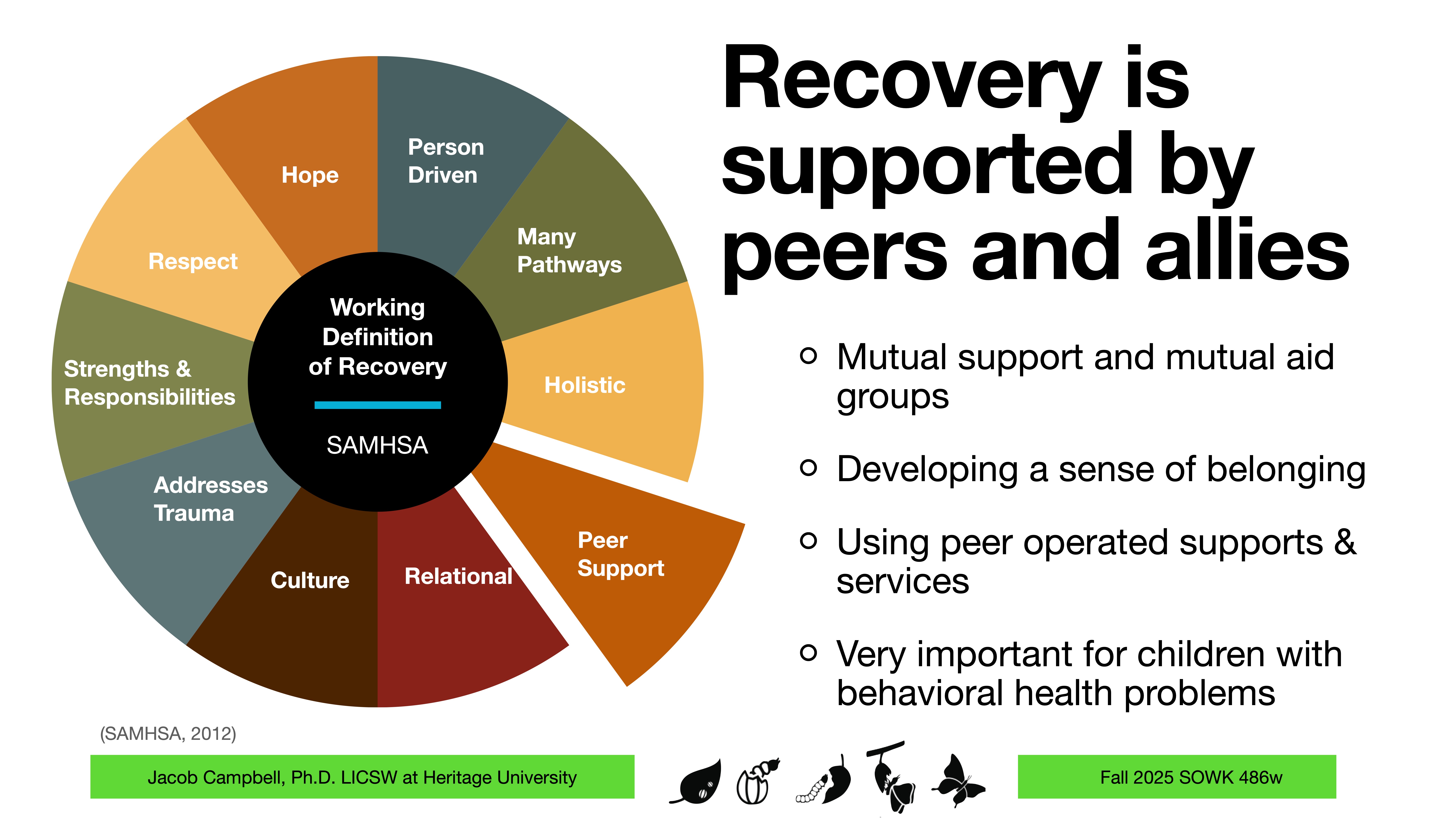 A circular diagram displays SAMHSA's working definition of recovery, with sections labeled 'Hope,' 'Person Driven,' and others. Adjacent text highlights peer support's role, including 'Mutual support' and 'Developing a sense of belonging.'