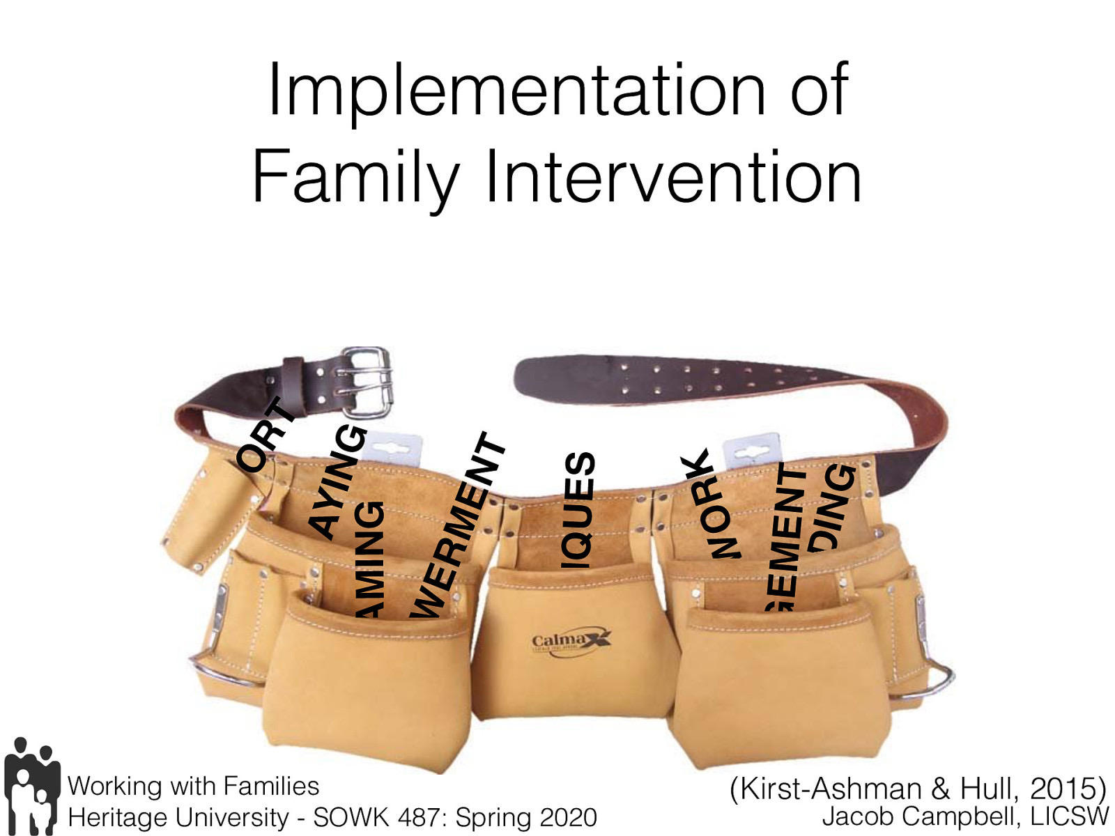  “Social workers address a wide range of family problems and issues. Thus, the techniques and approaches used vary dramatically.” (p. 371)   We can kind of think of these interventions as tools that we can keep in our tool belt. 
