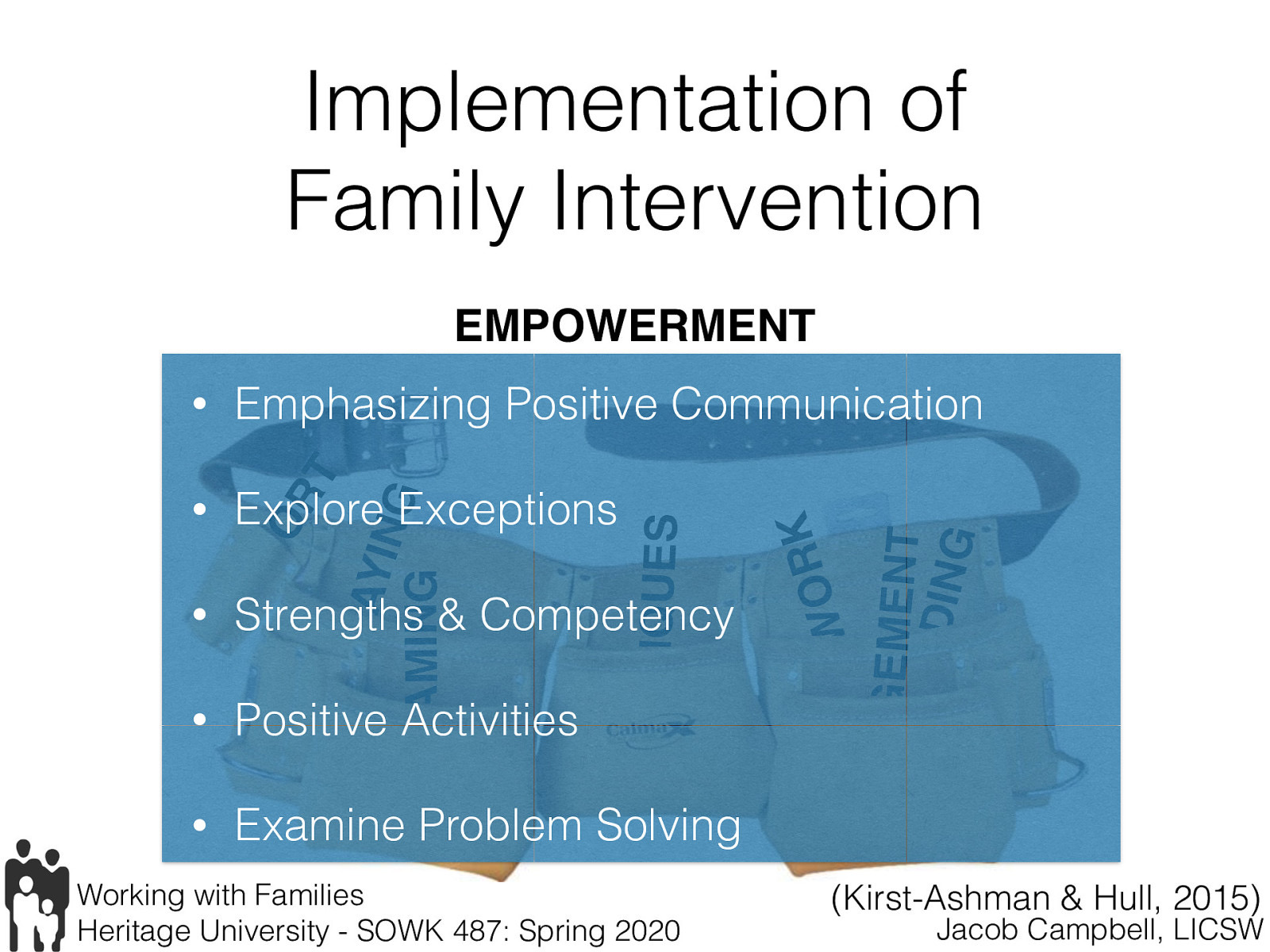  “Reinforcing and reaffirming the positive qualities, strengths, and resources of a family should be an ongoing theme in work with families.” (p. 371)    Emphasizing Positive Communication: Emphasize positive statement reported by the family  Explore Exceptions: Encourage family members to share stories about themselves - discuss aspects of how have previously been successful. (think SFBT “Exploring for exceptions”)  Strengths & Competency: Note family interactions that reflect strength and competency (Underscoring positive family interactions)  Positive Activities: Investigate times that family members enjoy together (what does it look like, where do they do it. Encouraging more…)  Examine Problem Solving: Emphasize what families do well (learn how families solve problems) 
