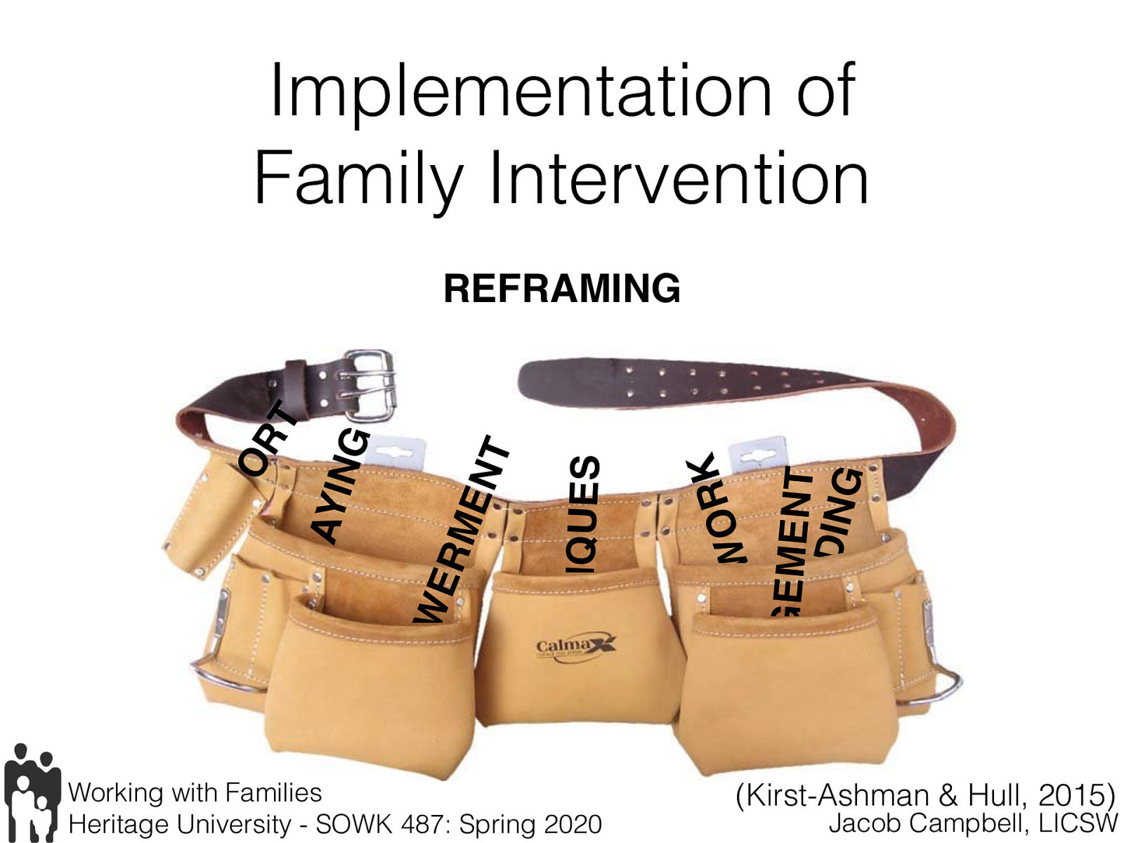  “Reframing is a strategy that helps family members view a problem or issue with a different outlook or understand it in a different way.”   Often times means changing negative thinking about another family member to a new more positive perspective Provides opportunities for sharing strengths   [Activity] With a partner spend some time thinking thinking about something that you are ambivalent about changing. Spend time having discussion regarding the topic, and practice reframing your fellow students view on the topic. 
