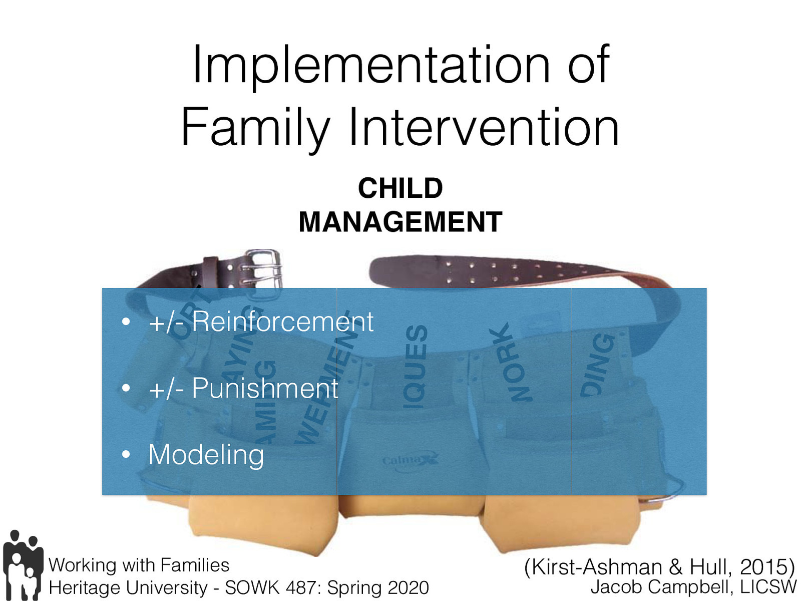  “Teaching parents how to improve their children’s behavior is a common goal in family treatment.” (p. 373)   Opportunities for increasing positive behavior Opportunities for decreasing negative behaviors Teaching I-Messages  -> Slide  Behavioral approaches (operant conditioning)  Positive reinforcement (consequence to increase a behavior) Negative reinforcement (removal of negative impact to increase behavior) Positive punishment (addition of something negative have to do) Negative punishment (taking away something enjoyable) Modeling (learning behavior by observation)   
