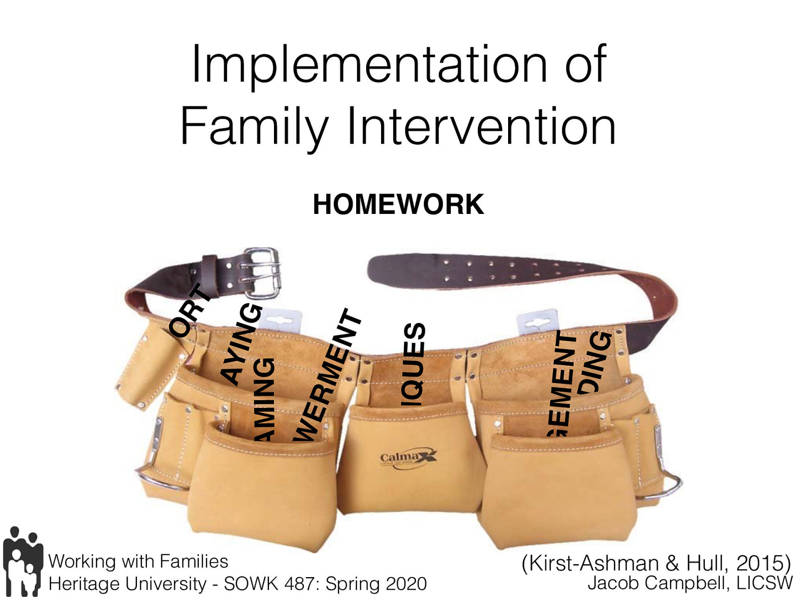  “Homework assignments are tasks given to client to be completed at home or outside the interview.” (p. 375)   [Discussion] What are some possible examples of homework assignments?   Should have at least one of the following:  Specific directions for activities Specific directions for frequency Specific directions for how to track progress Specific directions what going to share at the next meeting Indication of what might happen while implementing   
