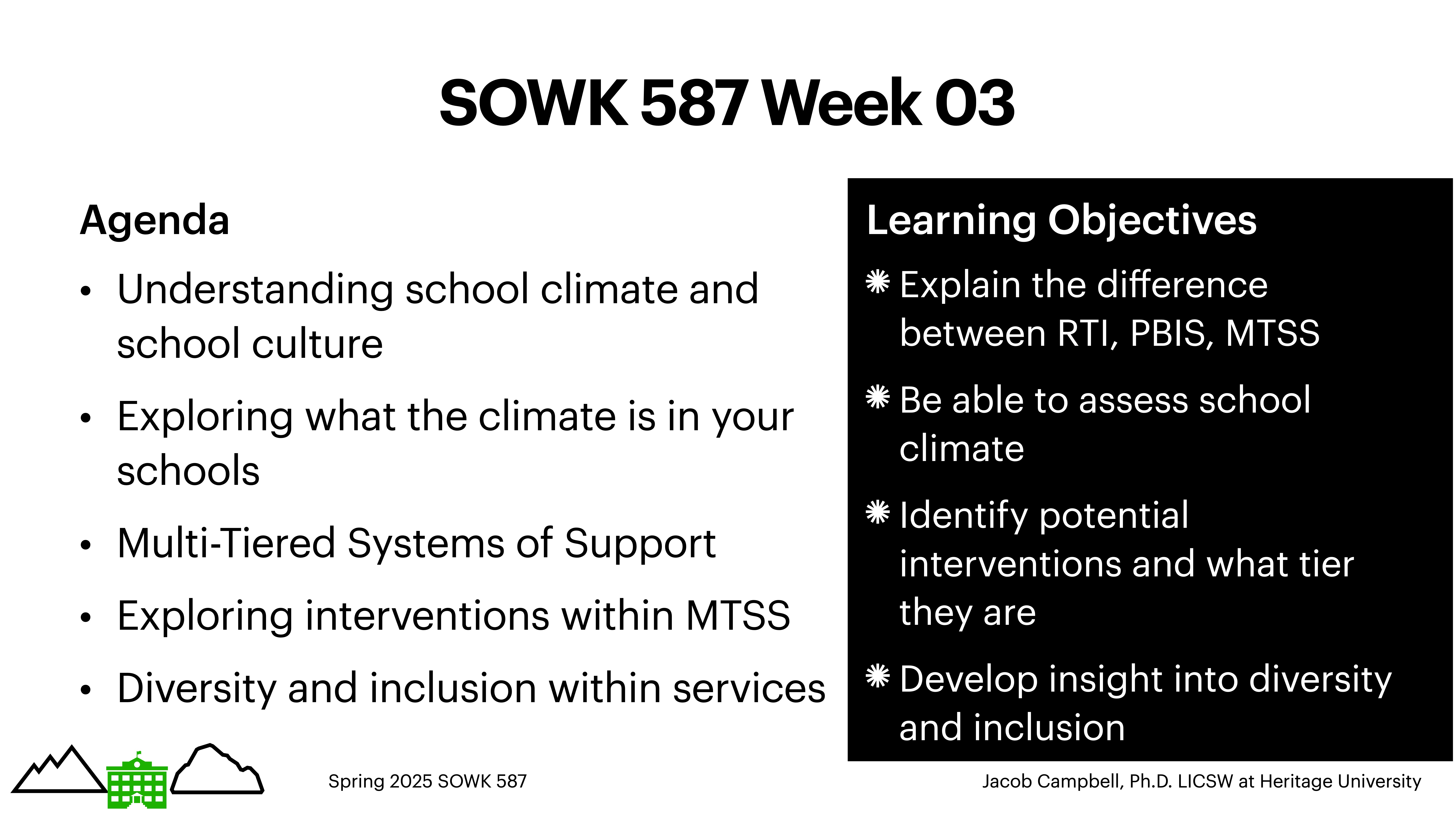 The slide titled 'SOWK 587 Week 03' lists the agenda and learning objectives. Agenda includes understanding school climate, exploring climate in schools, MTSS, interventions, diversity, and inclusion. Objectives cover explaining RTI, PBIS, MTSS, assessing school climate, identifying interventions, and developing insight into diversity and inclusion. Spring 2025 SOWK 587 is noted.