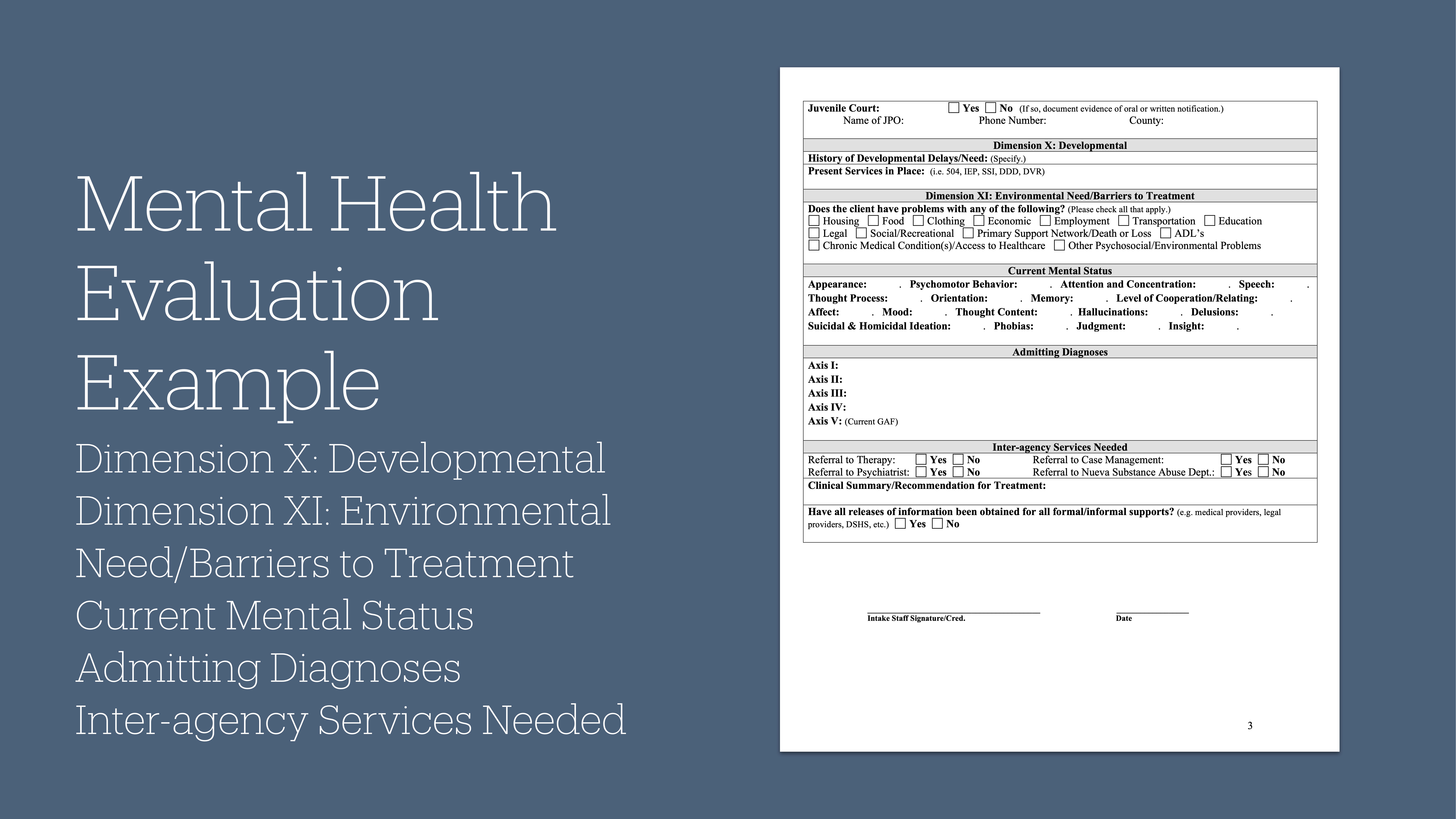 Slide displays text and a form. Text: 'Mental Health Evaluation Example. Dimension X: Developmental. Dimension XI: Environmental. Need/Barriers to Treatment. Current Mental Status. Admitting Diagnoses. Inter-agency Services Needed.'Form shows evaluation categories and boxes for filling details.