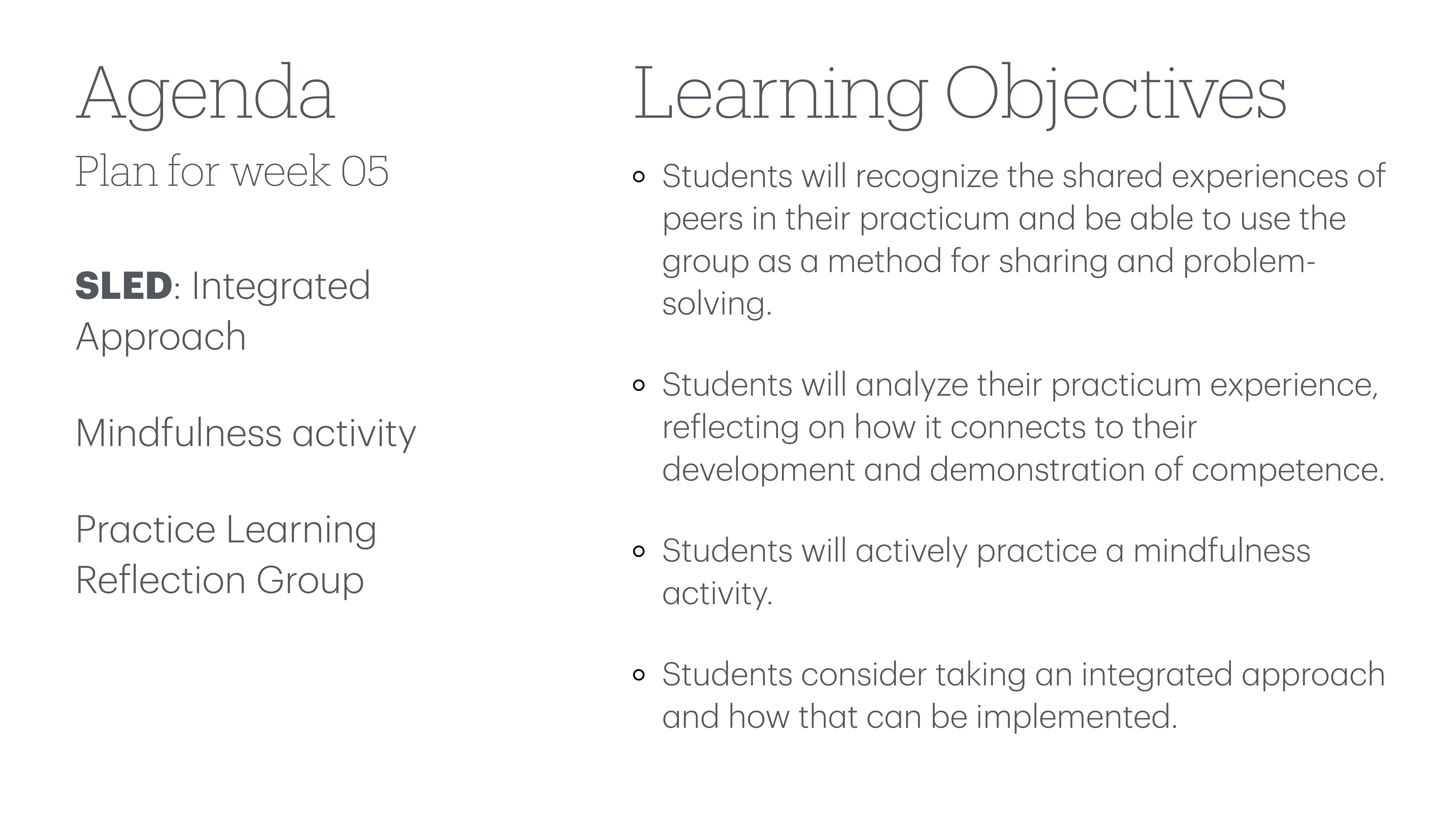 A presentation slide displays an agenda and learning objectives. The agenda includes an 'Integrated Approach,' 'Mindfulness activity,' and 'Practice Learning Reflection Group.' Learning objectives highlight recognizing shared experiences, analyzing practicum experiences, practicing mindfulness, and considering integrated approaches.