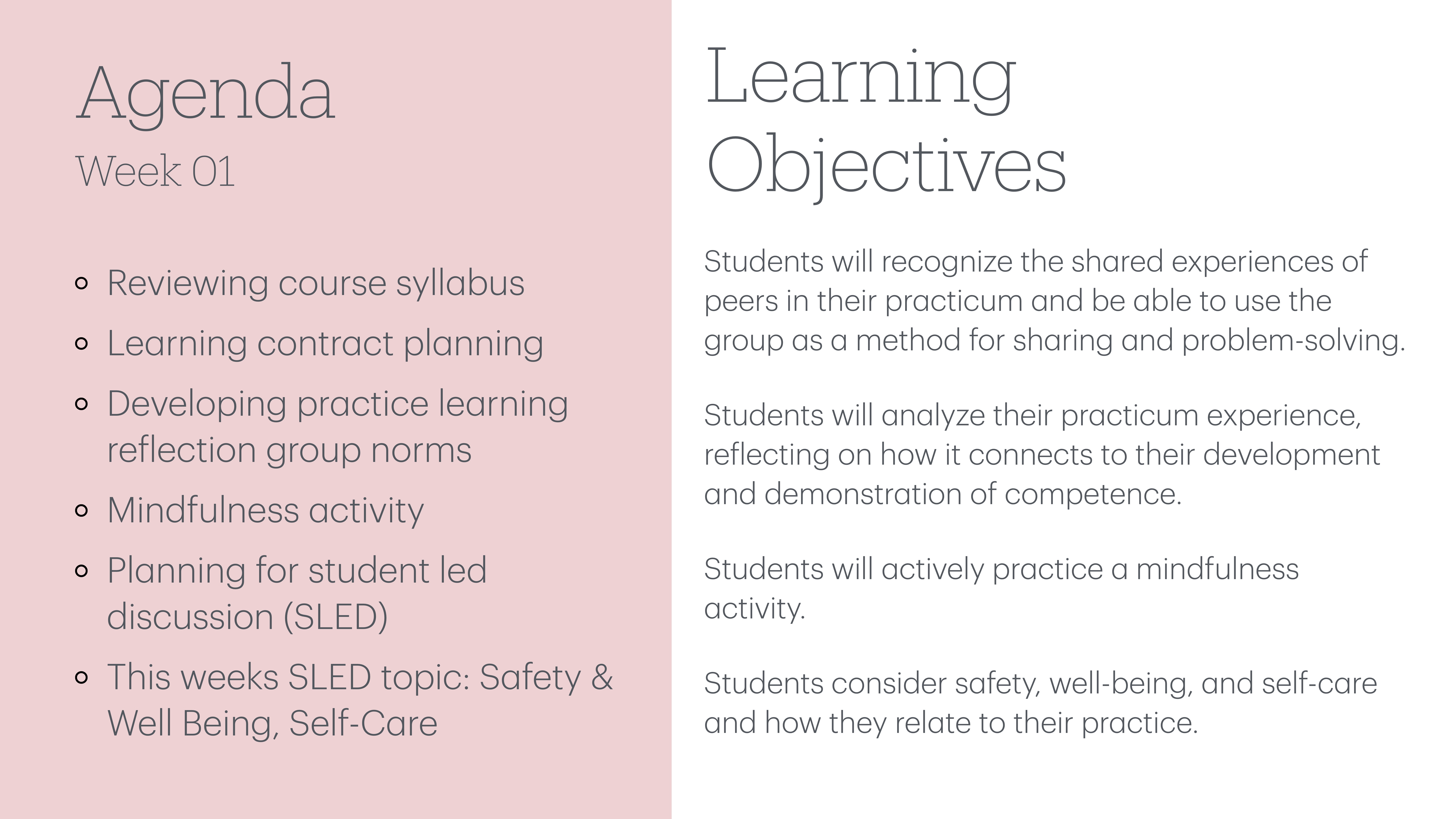 Slide showing a meeting agenda and learning objectives. The agenda includes syllabus review, contract planning, group norms, mindfulness activity, and discussion planning. Objectives focus on shared experiences, practicum analysis, mindfulness practice, and self-care.