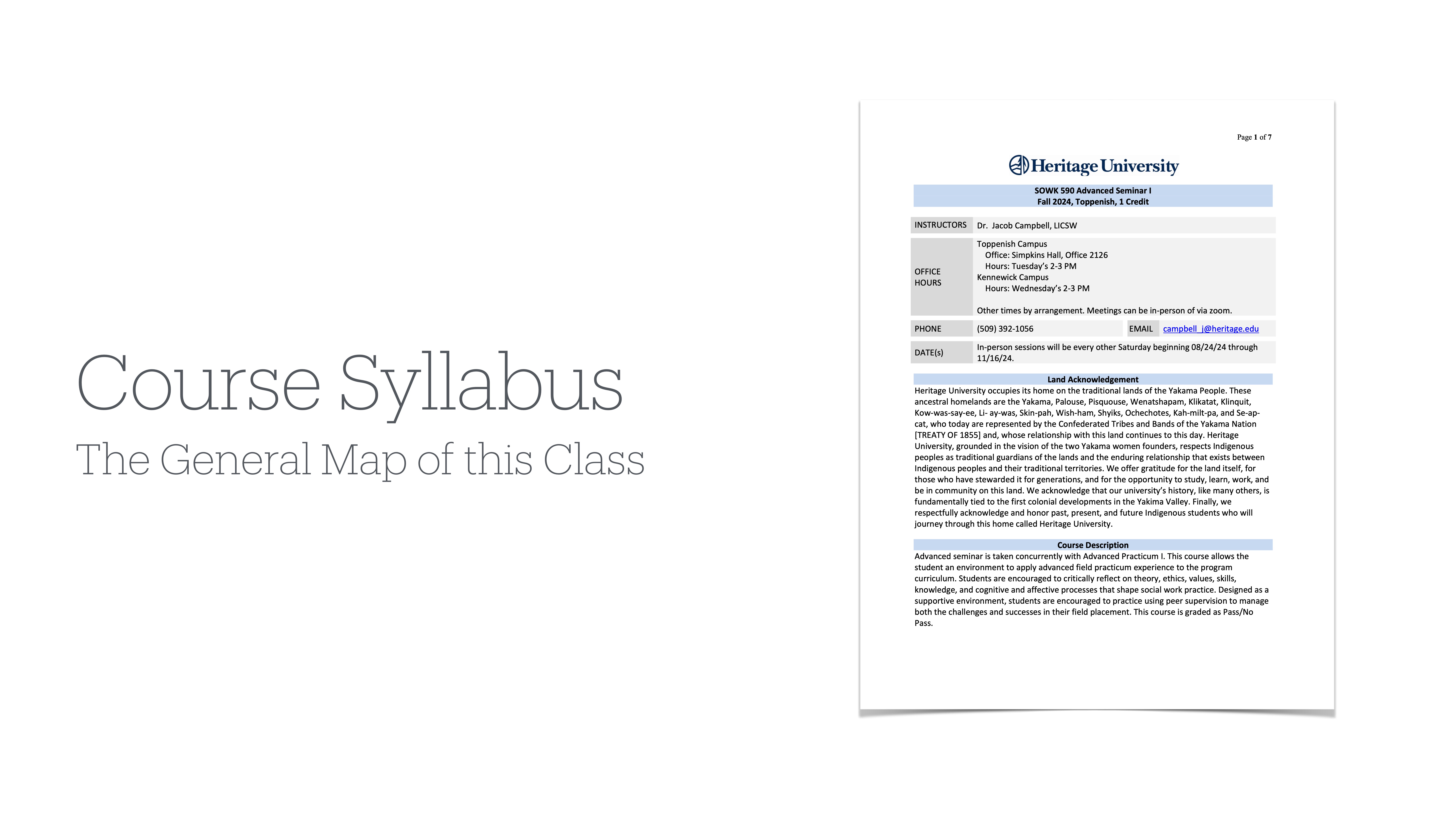 The slide features two main elements: On the left, bold text reads 'Course Syllabus' with the subtitle 'The General Map of this Class.' On the right, an image of a detailed syllabus from Heritage University is displayed.