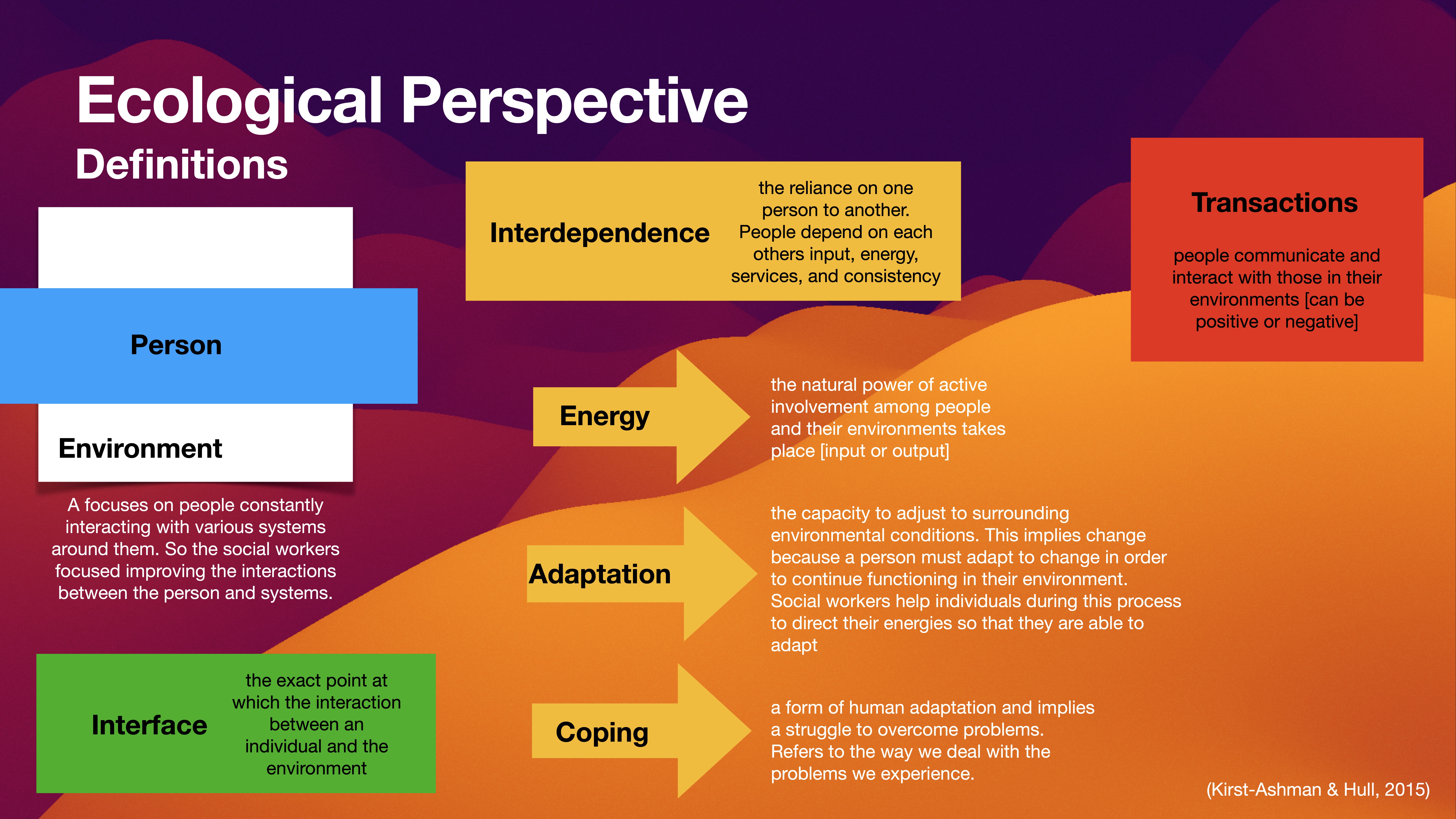 Slide titled 'Ecological Perspective' presents definitions with colored sections. Key terms include 'Interdependence,' 'Energy,' 'Adaptation,' and 'Coping,' describing interactions between people and environments, with additional focus on 'Transactions' and 'Interface.'