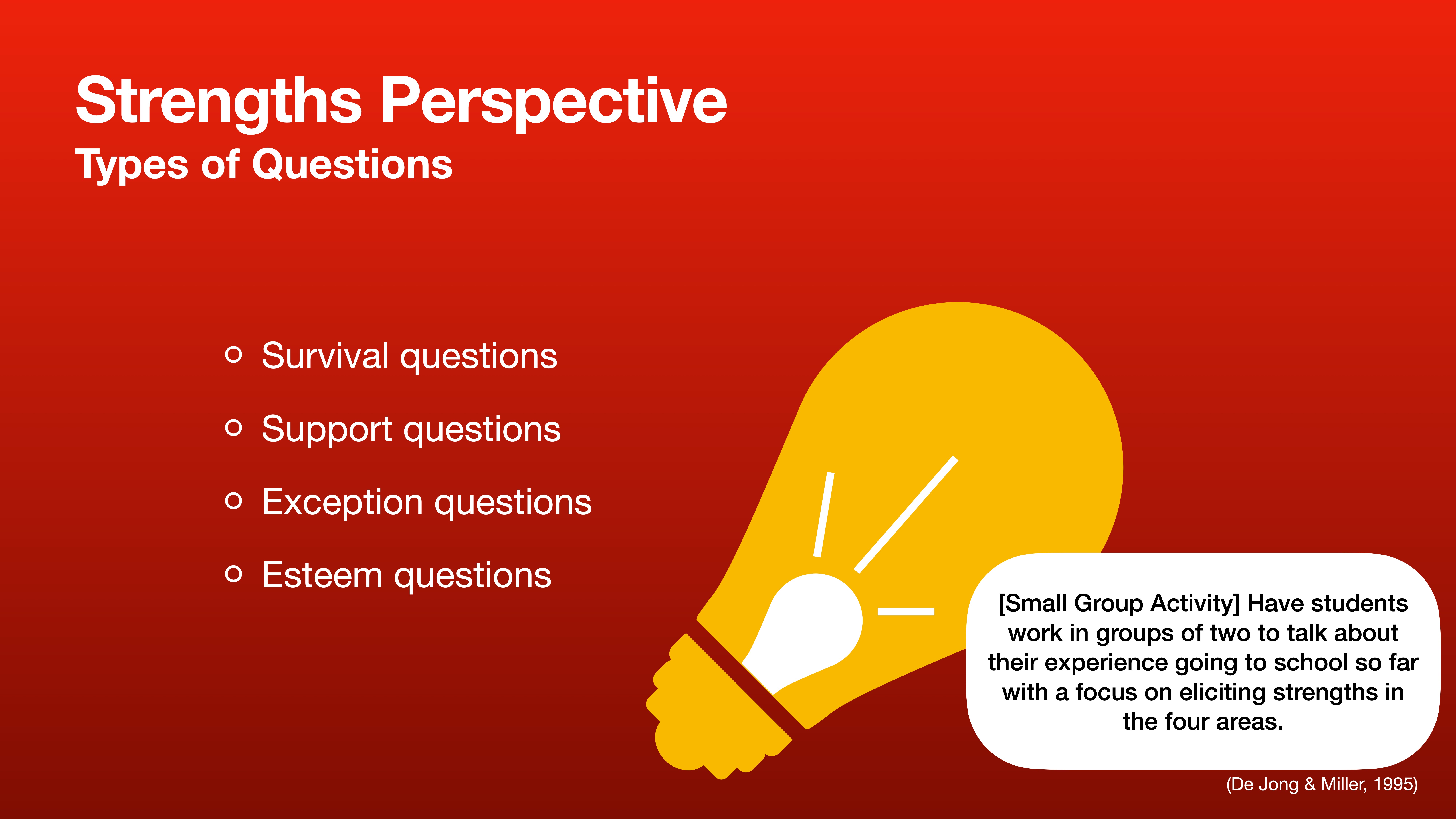 A red slide features the title 'Strengths Perspective' and 'Types of Questions.' Bullet points list 'Survival, Support, Exception, Esteem questions.' A yellow light bulb graphic and a group activity description are included.