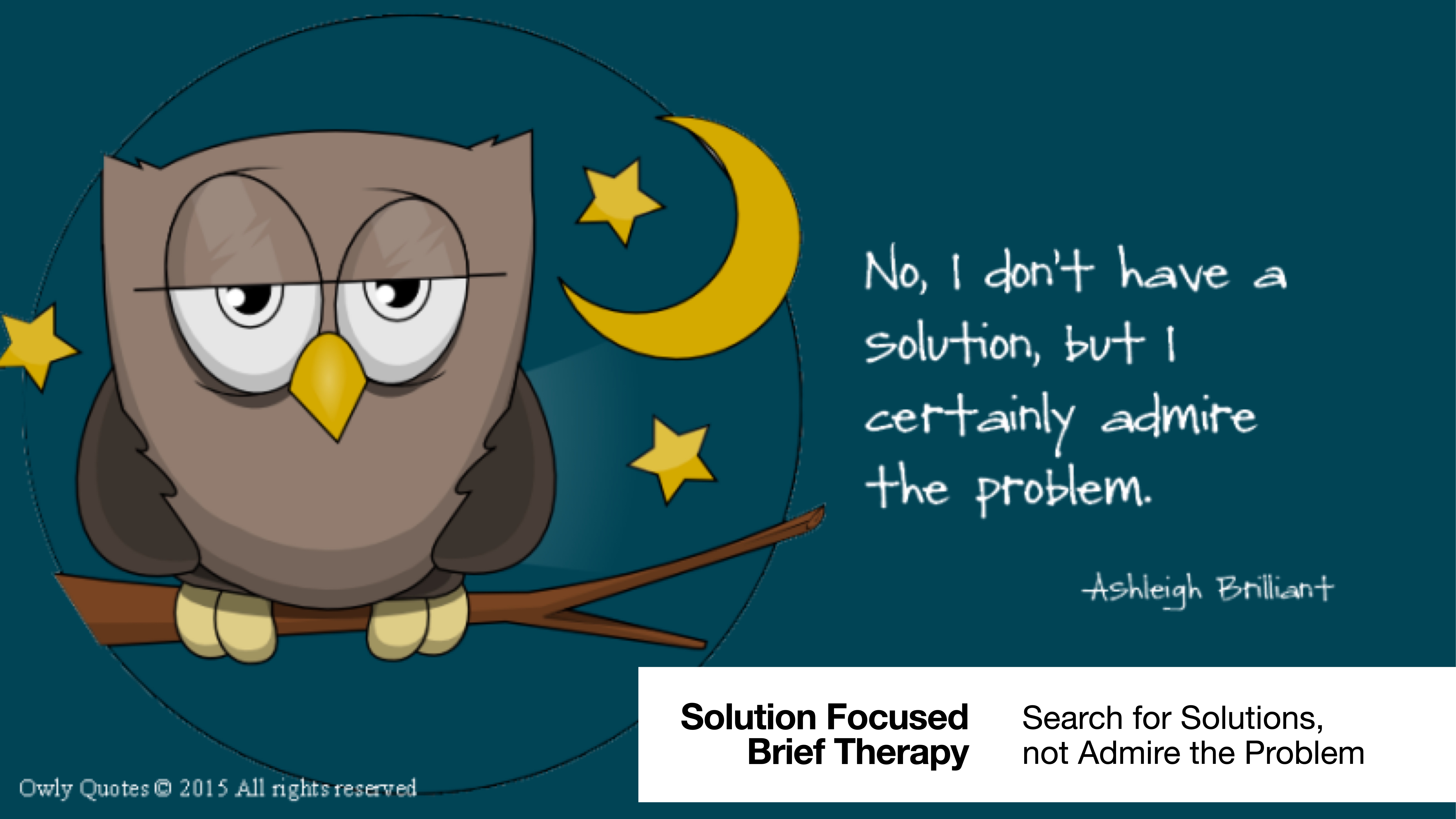An owl sits on a branch under stars and a moon, looking contemplative. Text reads, 'No, I don't have a solution, but I certainly admire the problem.' Additional text: 'Solution Focused Brief Therapy: Search for Solutions, not Admire the Problem.'